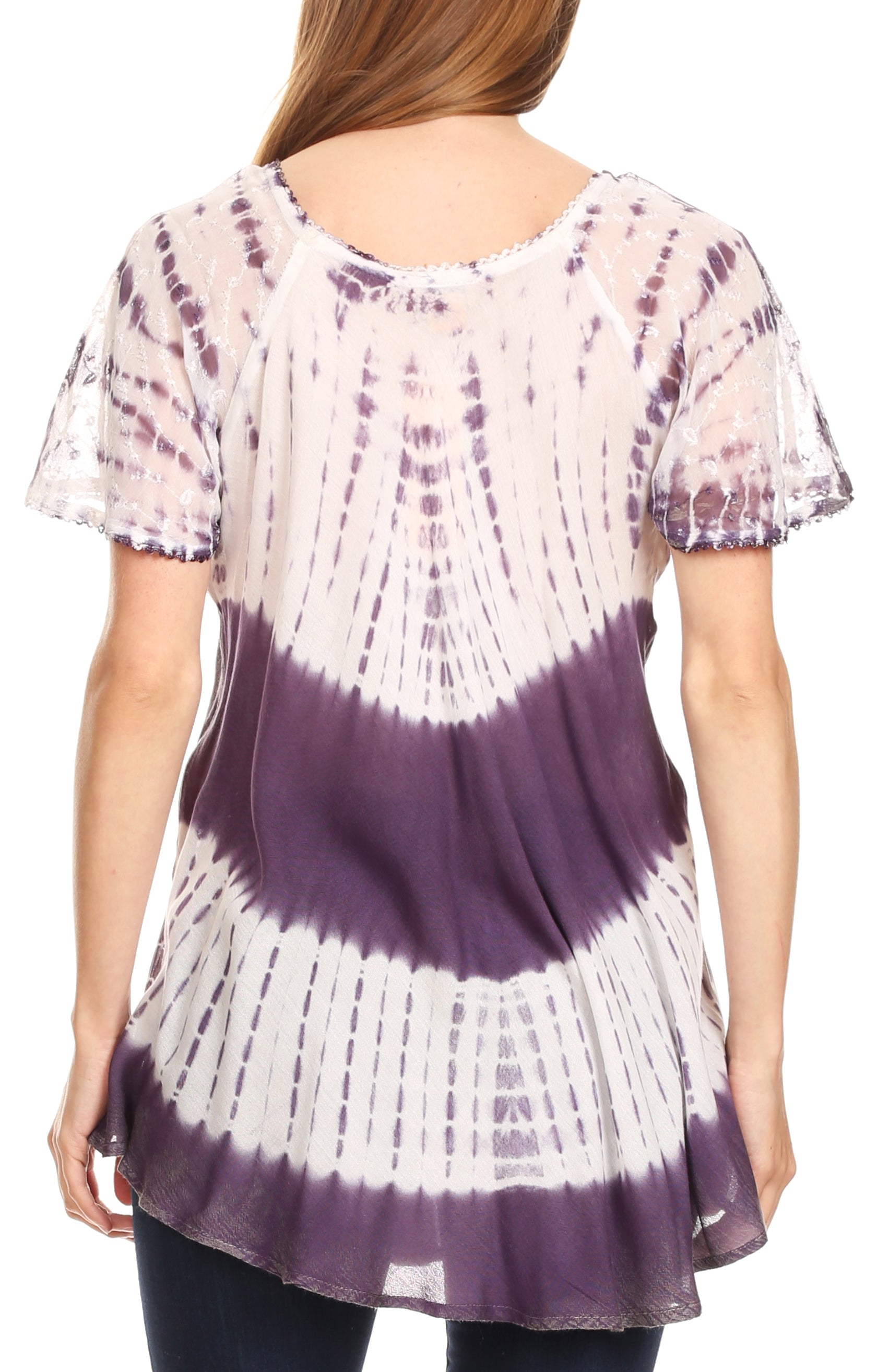 Sakkas Donna Women's Casual Lace Short Sleeve Tie Dye Corset Loose Top Blouse - Concordia Style Boutique