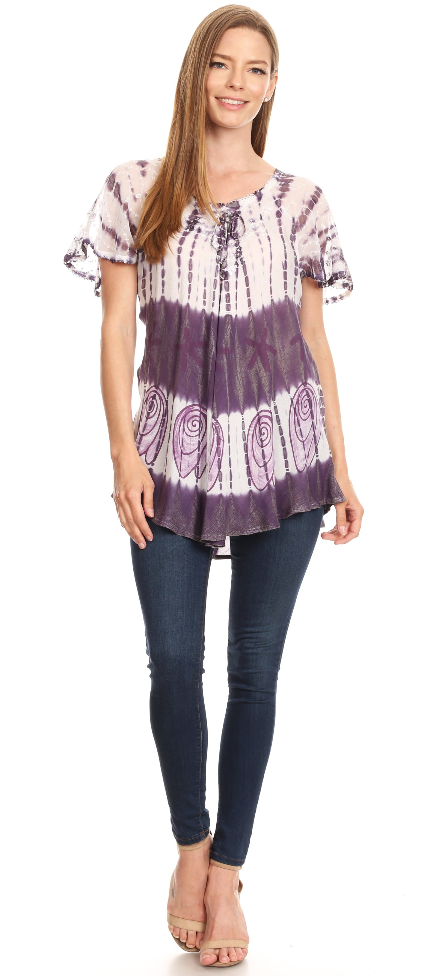 Sakkas Donna Women's Casual Lace Short Sleeve Tie Dye Corset Loose Top Blouse - Concordia Style Boutique