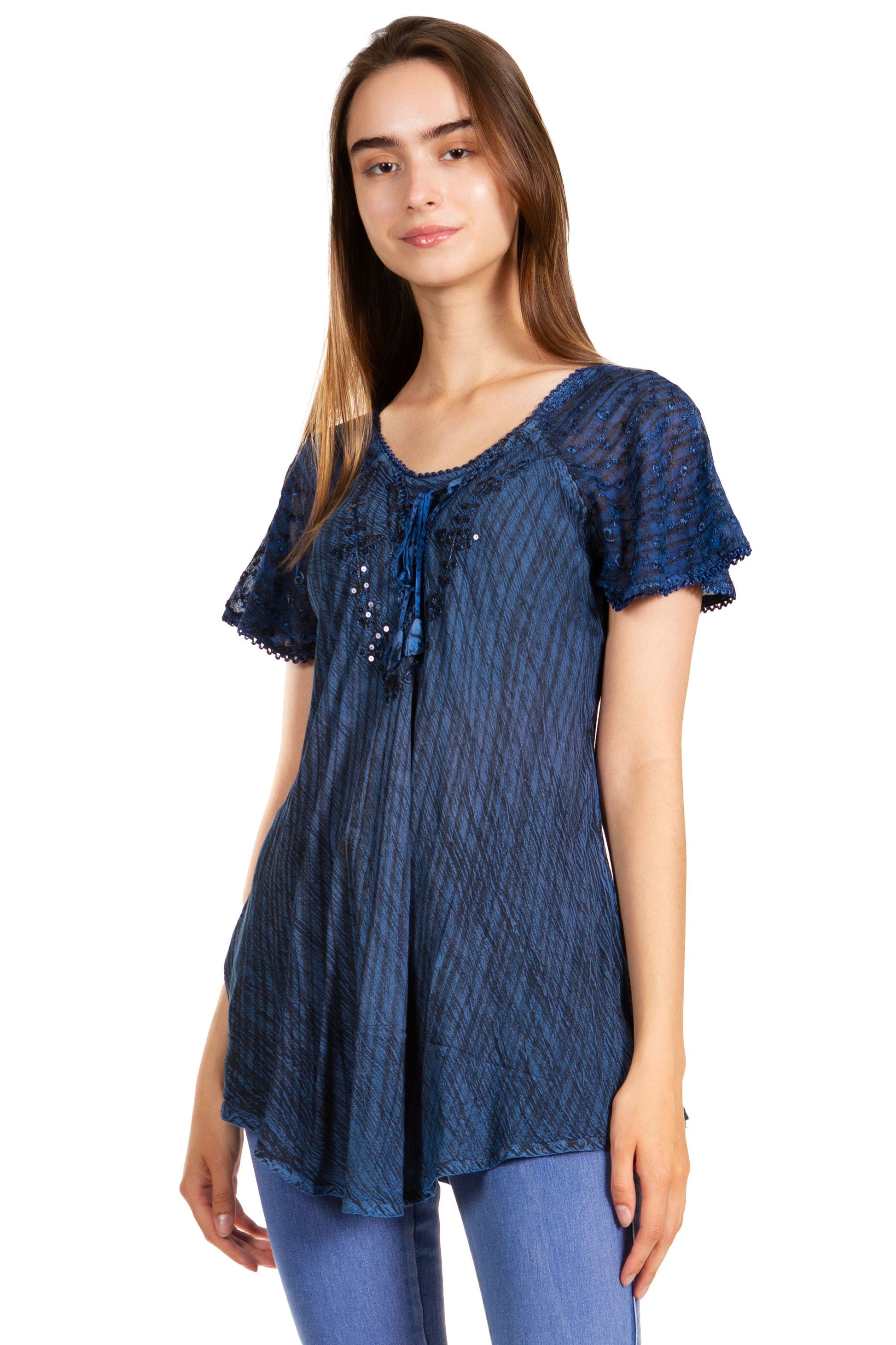 Sakkas Donna Women's Casual Lace Short Sleeve Tie Dye Corset Loose Top Blouse - Concordia Style Boutique