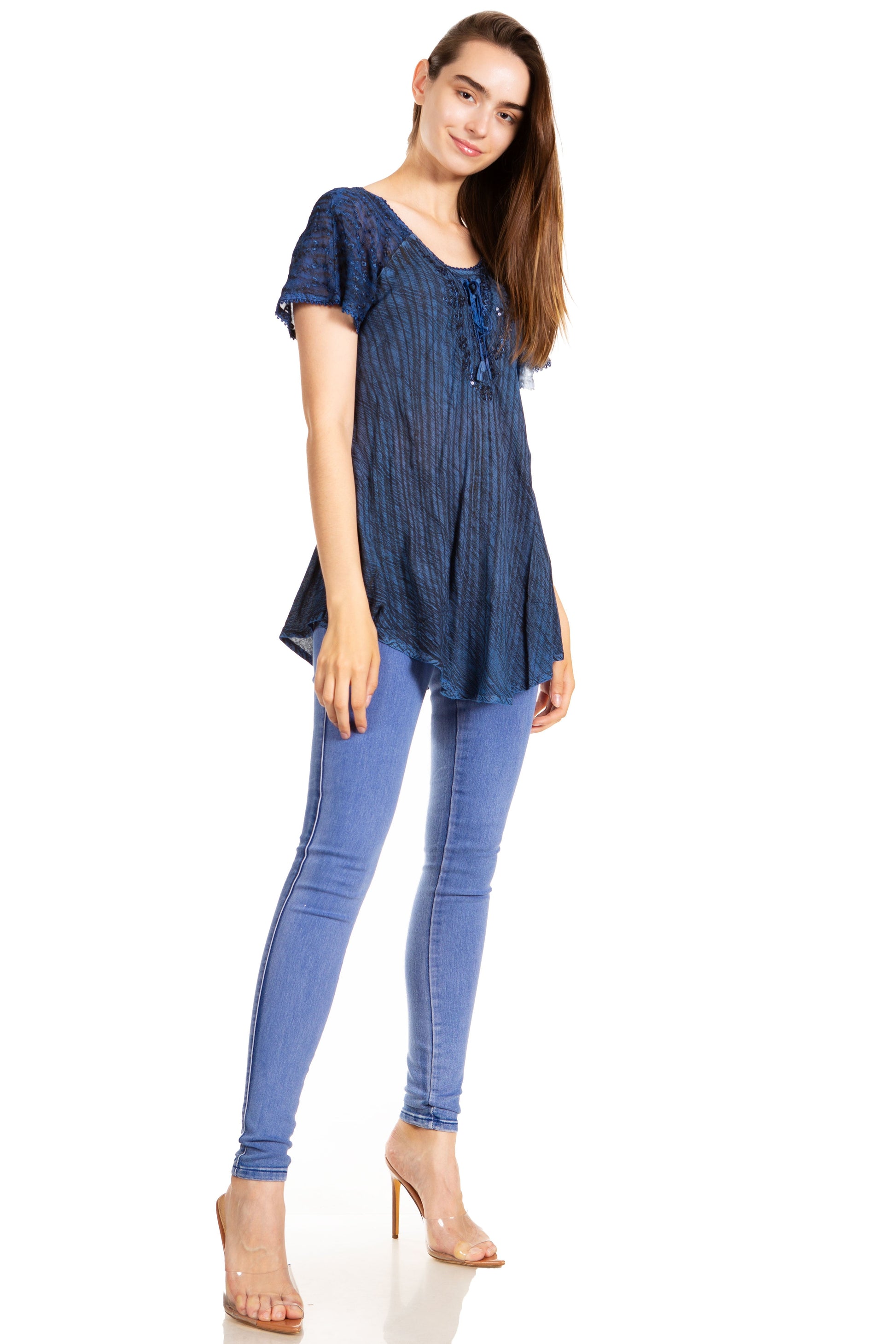 Sakkas Donna Women's Casual Lace Short Sleeve Tie Dye Corset Loose Top Blouse - Concordia Style Boutique