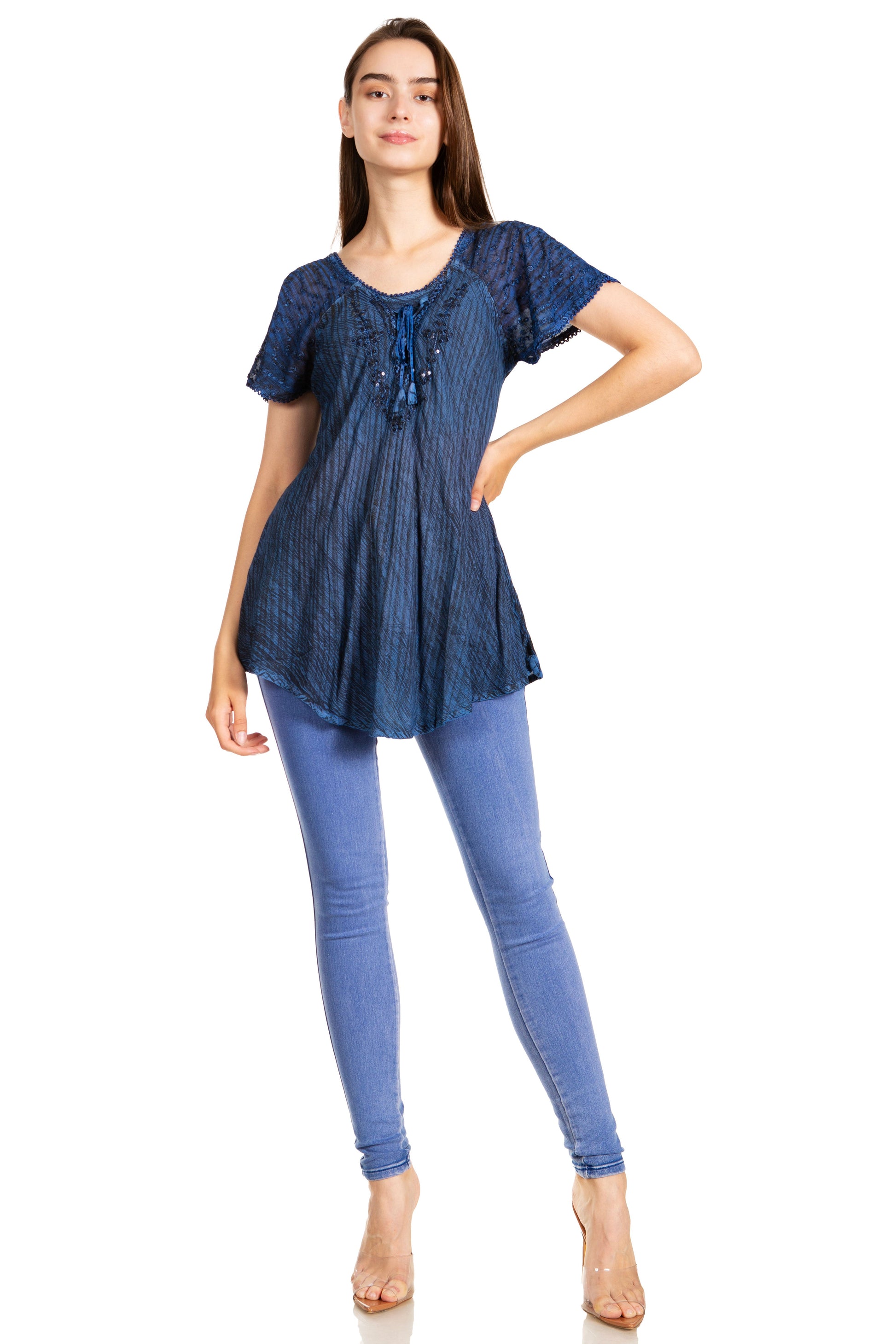 Sakkas Donna Women's Casual Lace Short Sleeve Tie Dye Corset Loose Top Blouse - Concordia Style Boutique