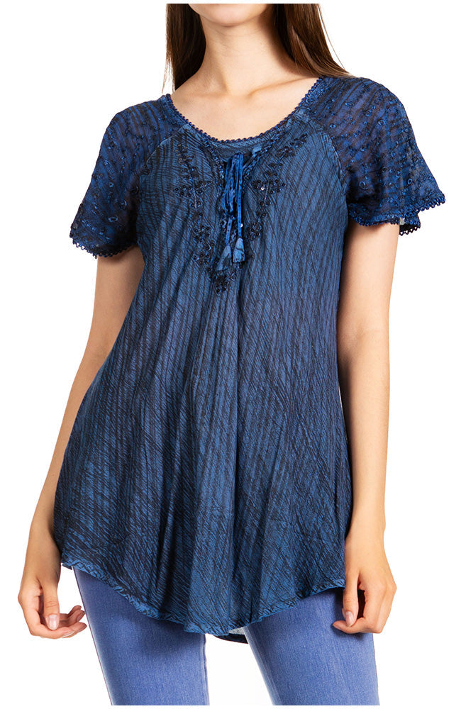 Sakkas Donna Women's Casual Lace Short Sleeve Tie Dye Corset Loose Top Blouse - Concordia Style Boutique