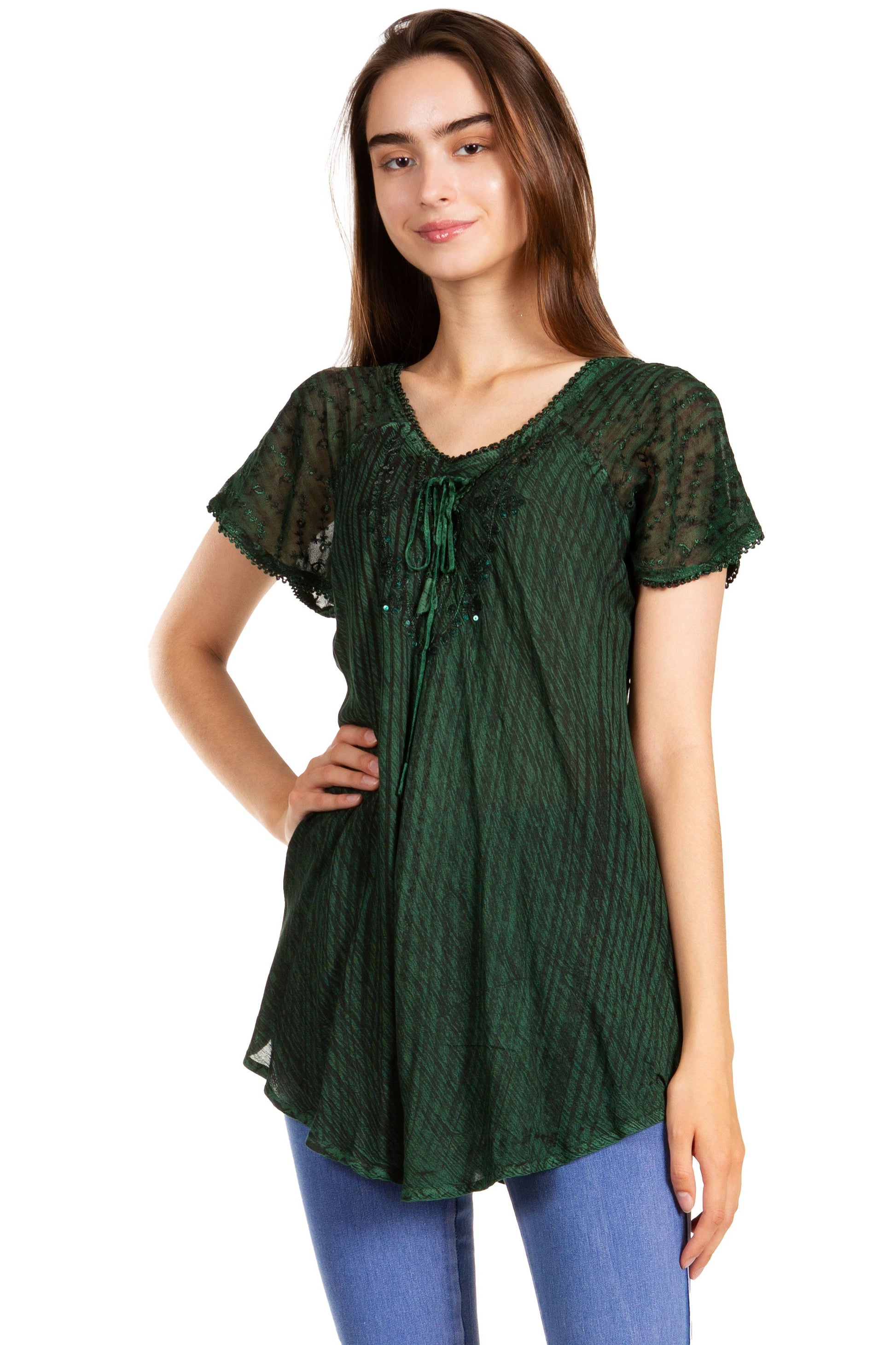 Sakkas Donna Women's Casual Lace Short Sleeve Tie Dye Corset Loose Top Blouse - Concordia Style Boutique