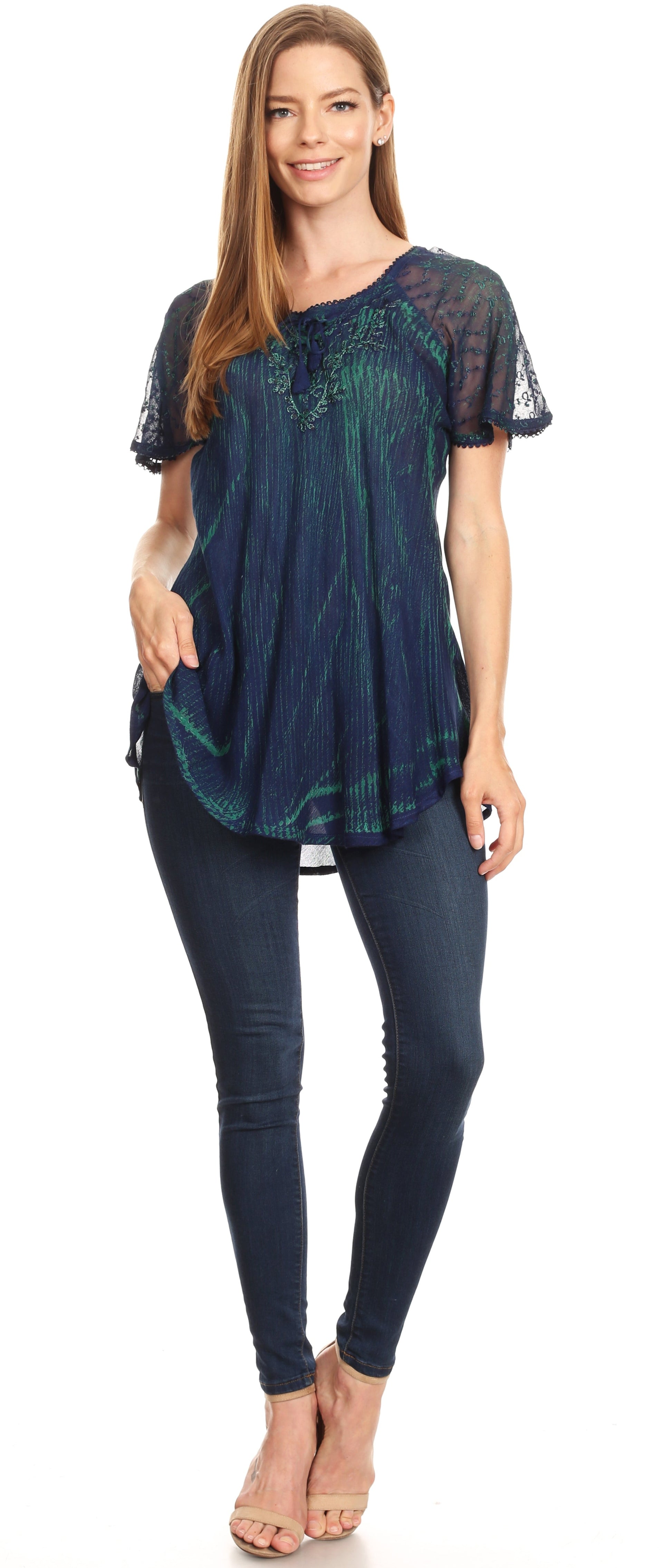 Sakkas Donna Women's Casual Lace Short Sleeve Tie Dye Corset Loose Top Blouse - Concordia Style Boutique