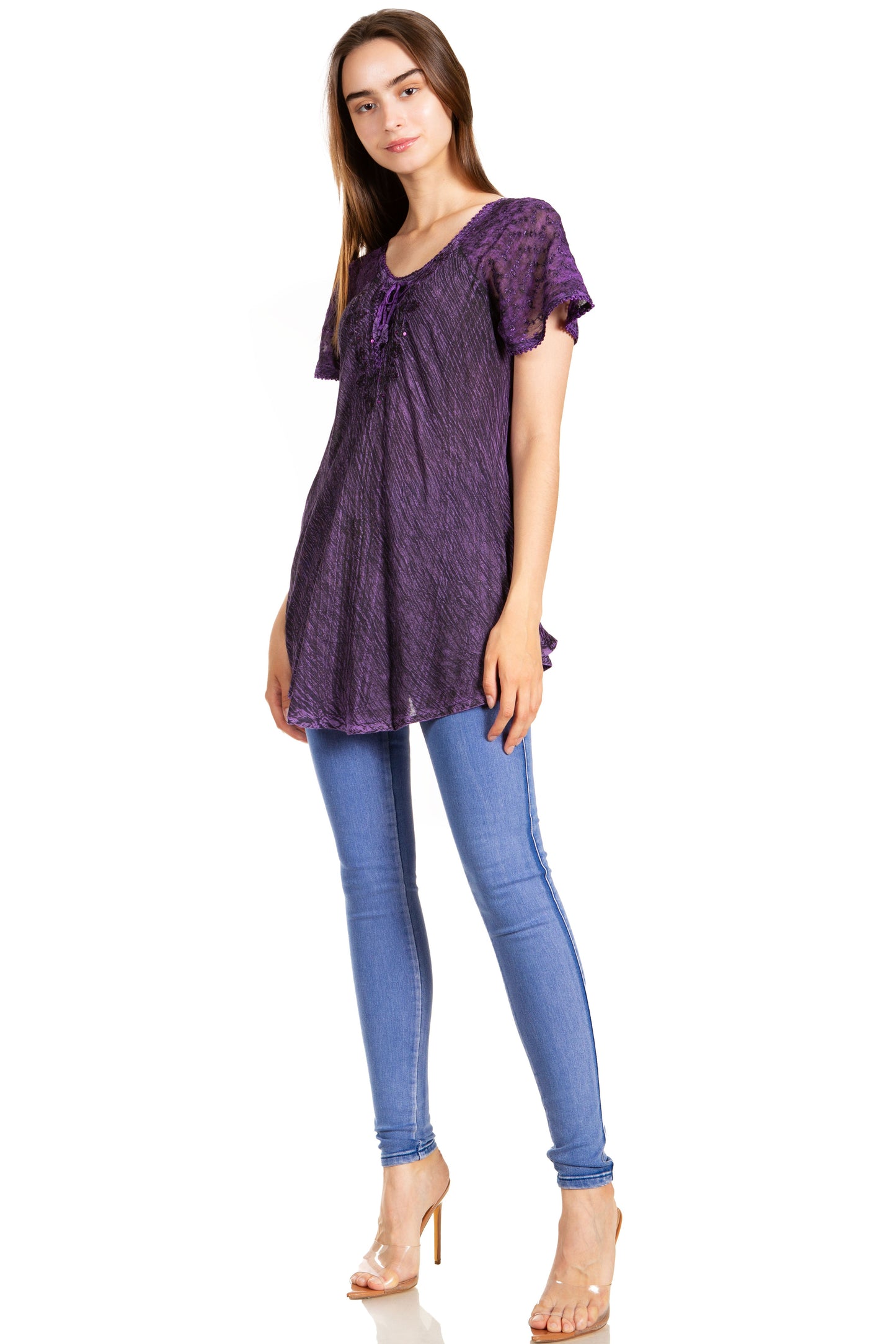 Sakkas Donna Women's Casual Lace Short Sleeve Tie Dye Corset Loose Top Blouse - Concordia Style Boutique