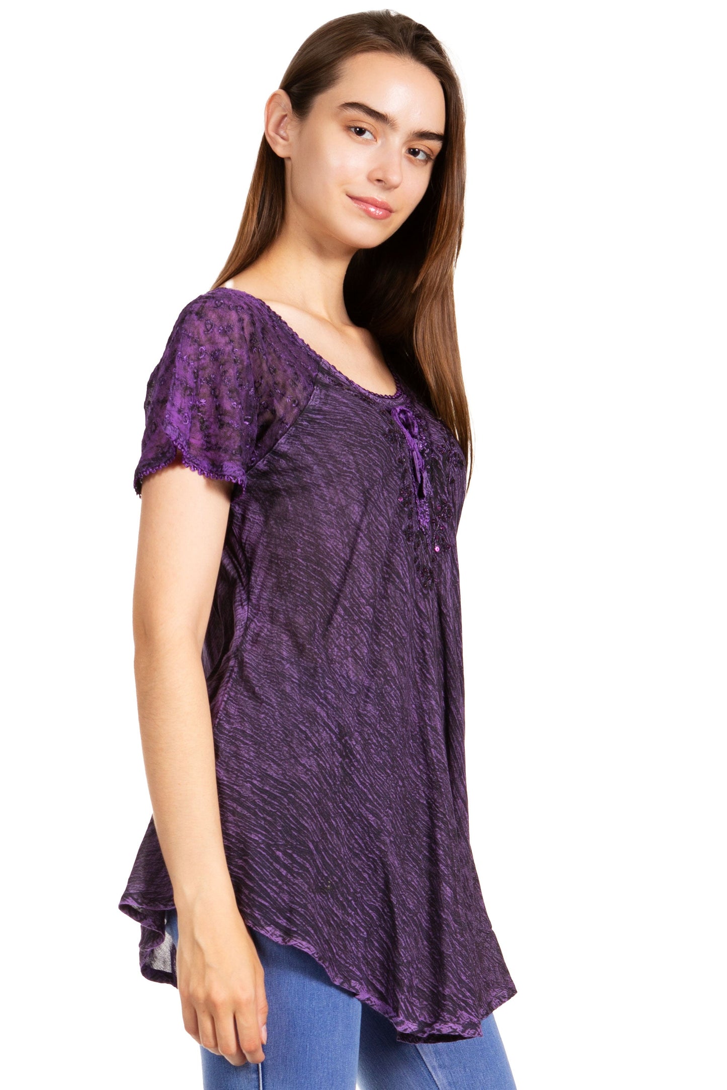 Sakkas Donna Women's Casual Lace Short Sleeve Tie Dye Corset Loose Top Blouse - Concordia Style Boutique