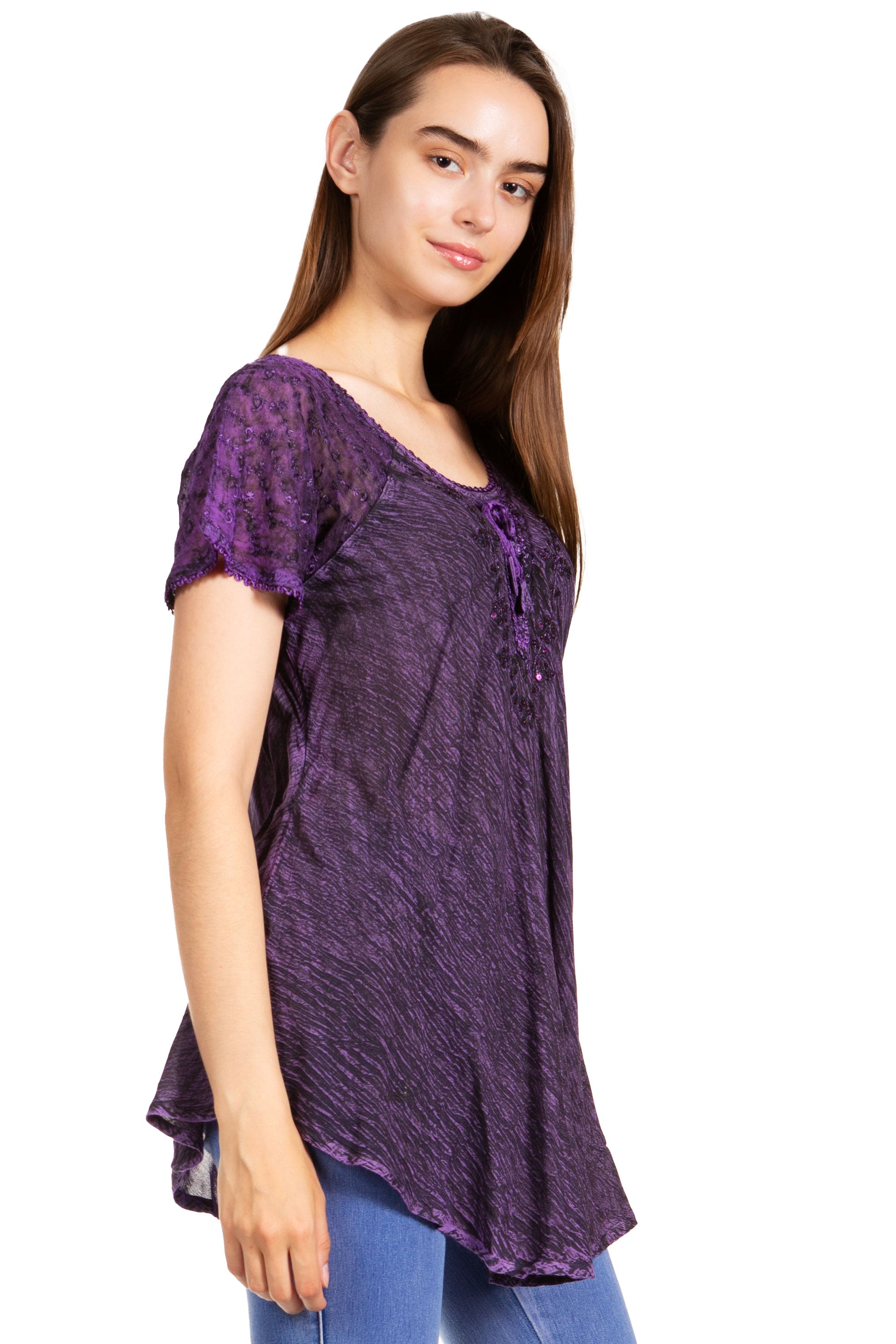 Sakkas Donna Women's Casual Lace Short Sleeve Tie Dye Corset Loose Top Blouse - Concordia Style Boutique