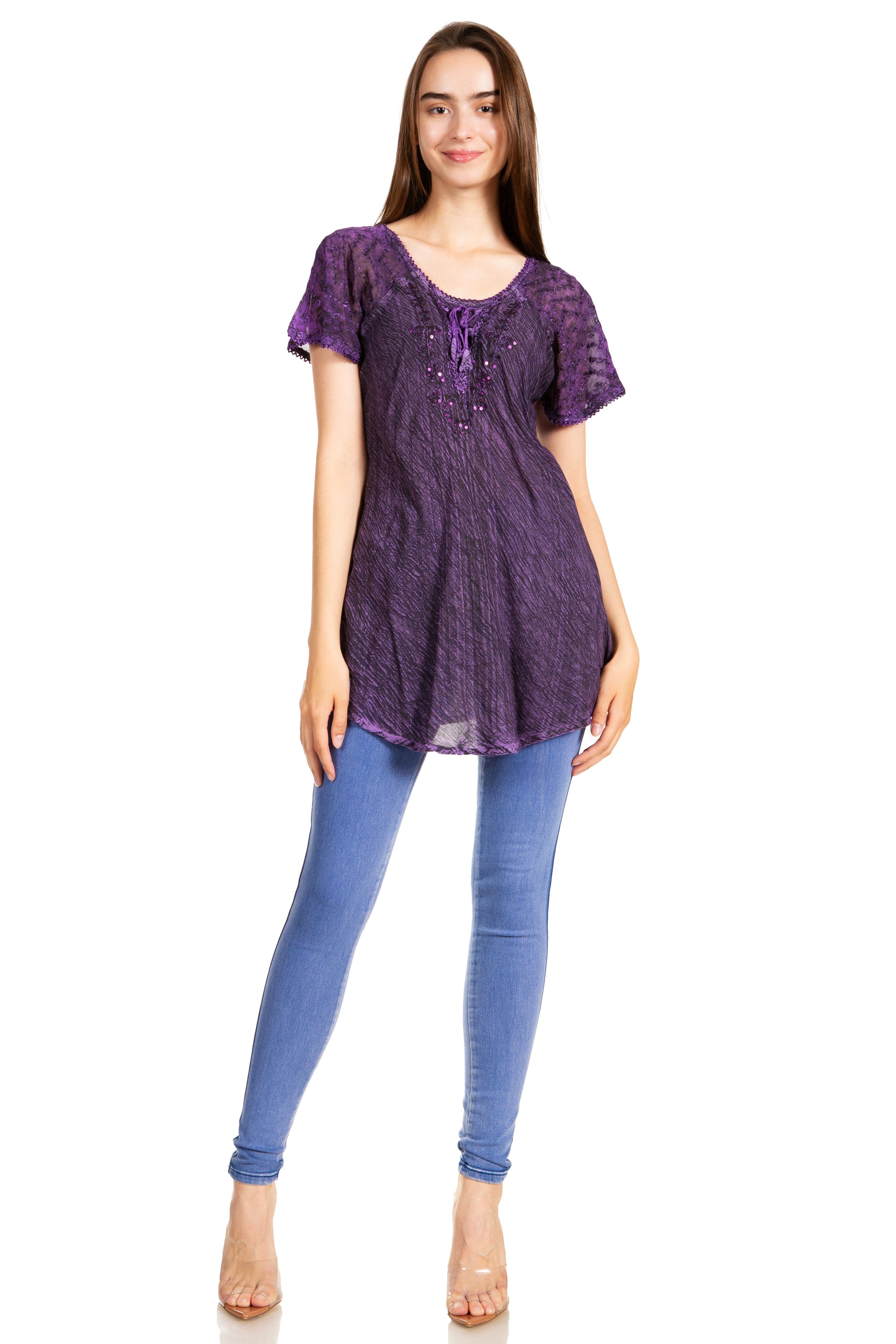 Sakkas Donna Women's Casual Lace Short Sleeve Tie Dye Corset Loose Top Blouse - Concordia Style Boutique