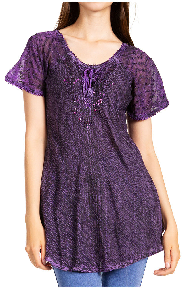 Sakkas Donna Women's Casual Lace Short Sleeve Tie Dye Corset Loose Top Blouse - Concordia Style Boutique