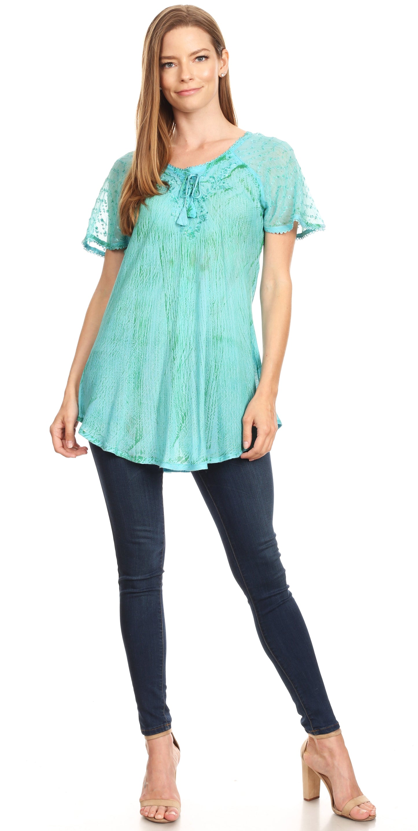 Sakkas Donna Women's Casual Lace Short Sleeve Tie Dye Corset Loose Top Blouse - Concordia Style Boutique