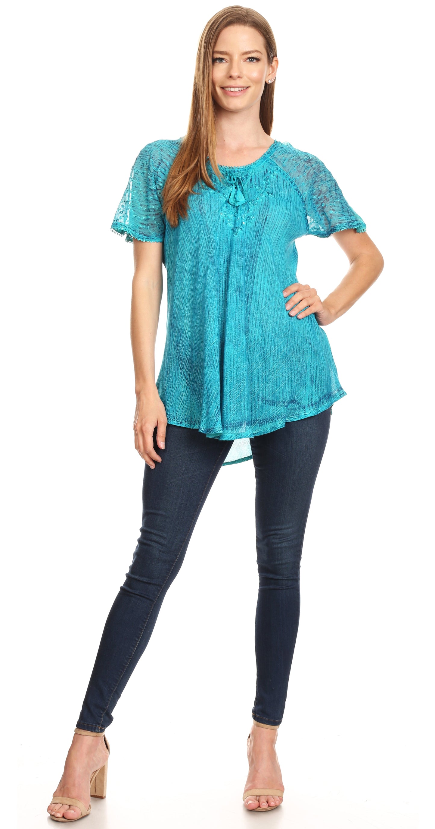 Sakkas Donna Women's Casual Lace Short Sleeve Tie Dye Corset Loose Top Blouse - Concordia Style Boutique