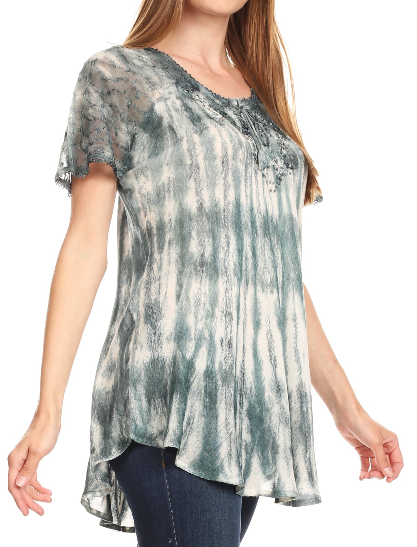 Sakkas Donna Women's Casual Lace Short Sleeve Tie Dye Corset Loose Top Blouse - Concordia Style Boutique