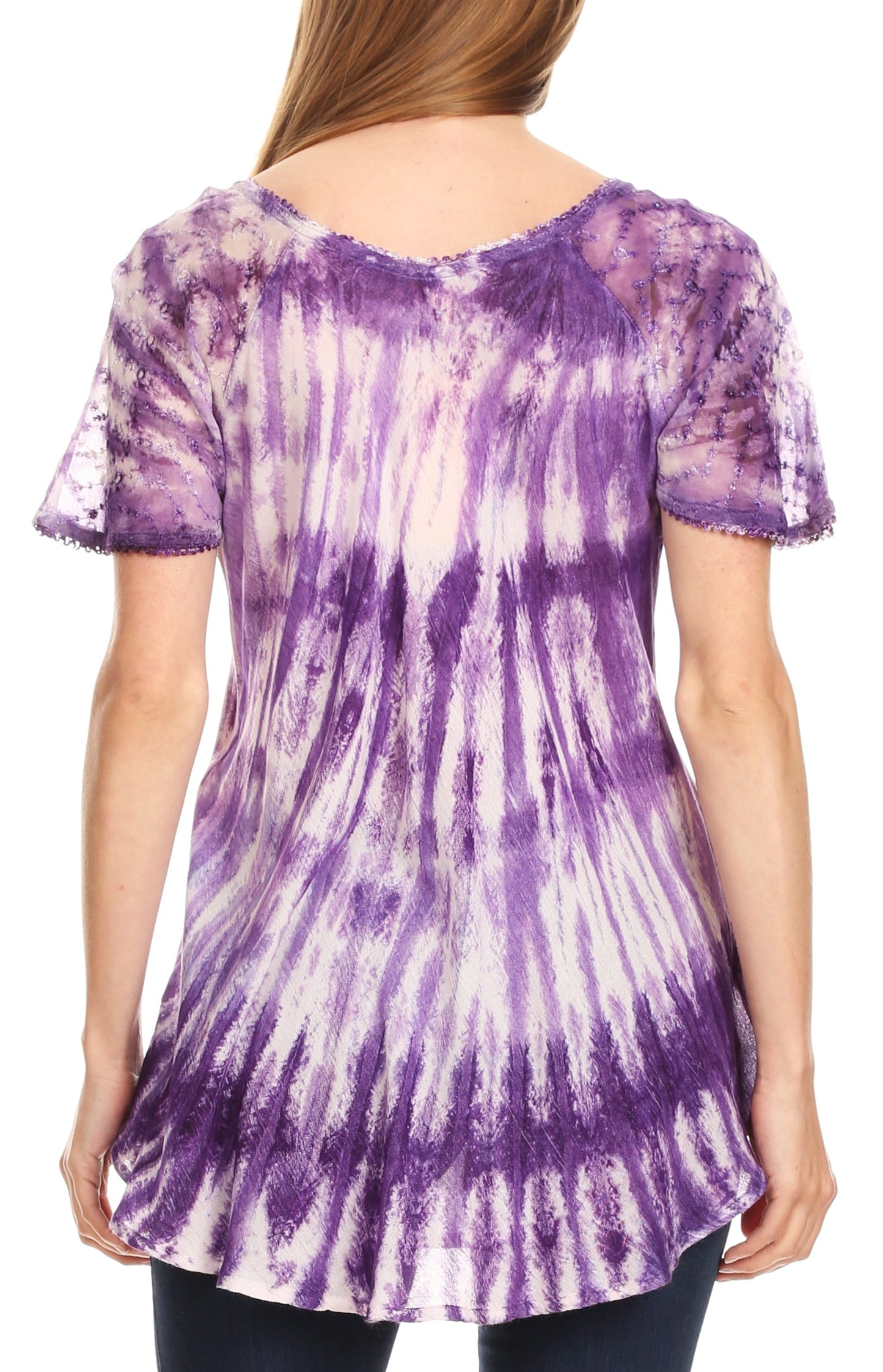 Sakkas Donna Women's Casual Lace Short Sleeve Tie Dye Corset Loose Top Blouse - Concordia Style Boutique