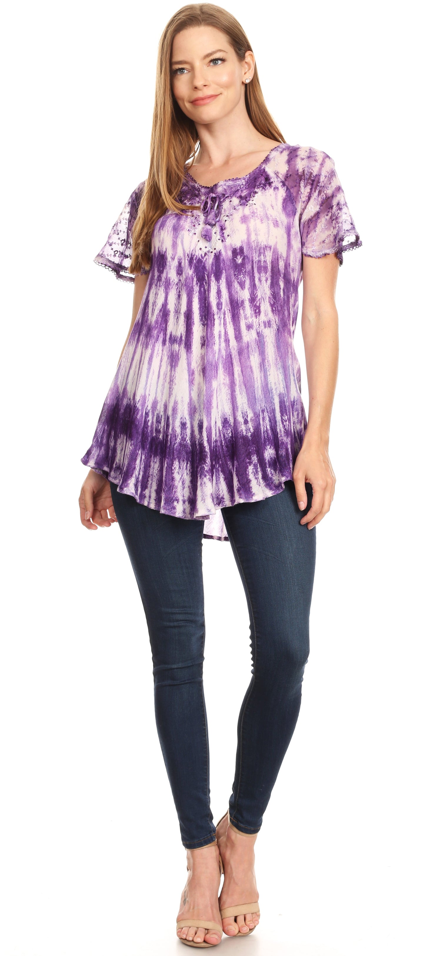 Sakkas Donna Women's Casual Lace Short Sleeve Tie Dye Corset Loose Top Blouse - Concordia Style Boutique