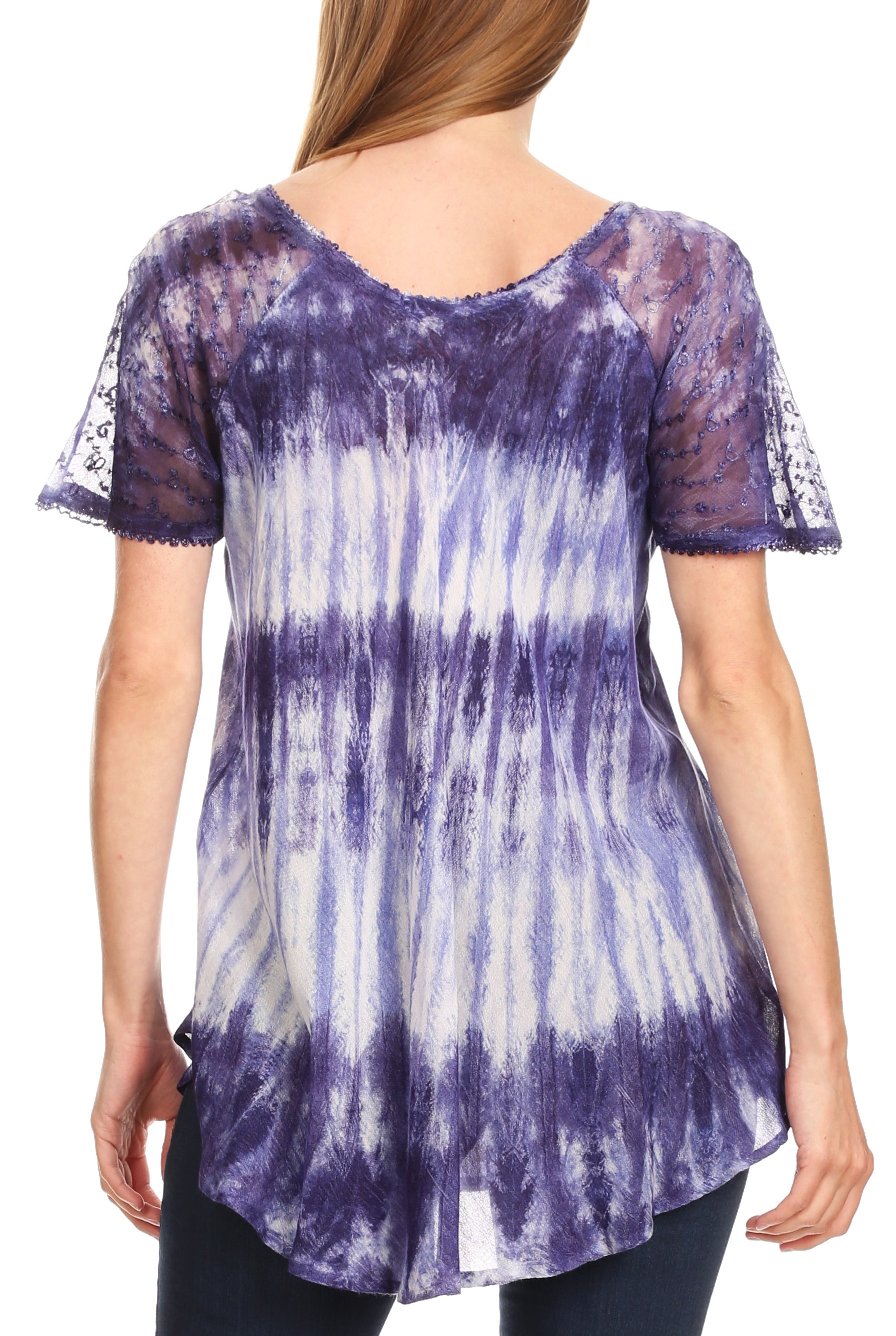 Sakkas Donna Women's Casual Lace Short Sleeve Tie Dye Corset Loose Top Blouse - Concordia Style Boutique
