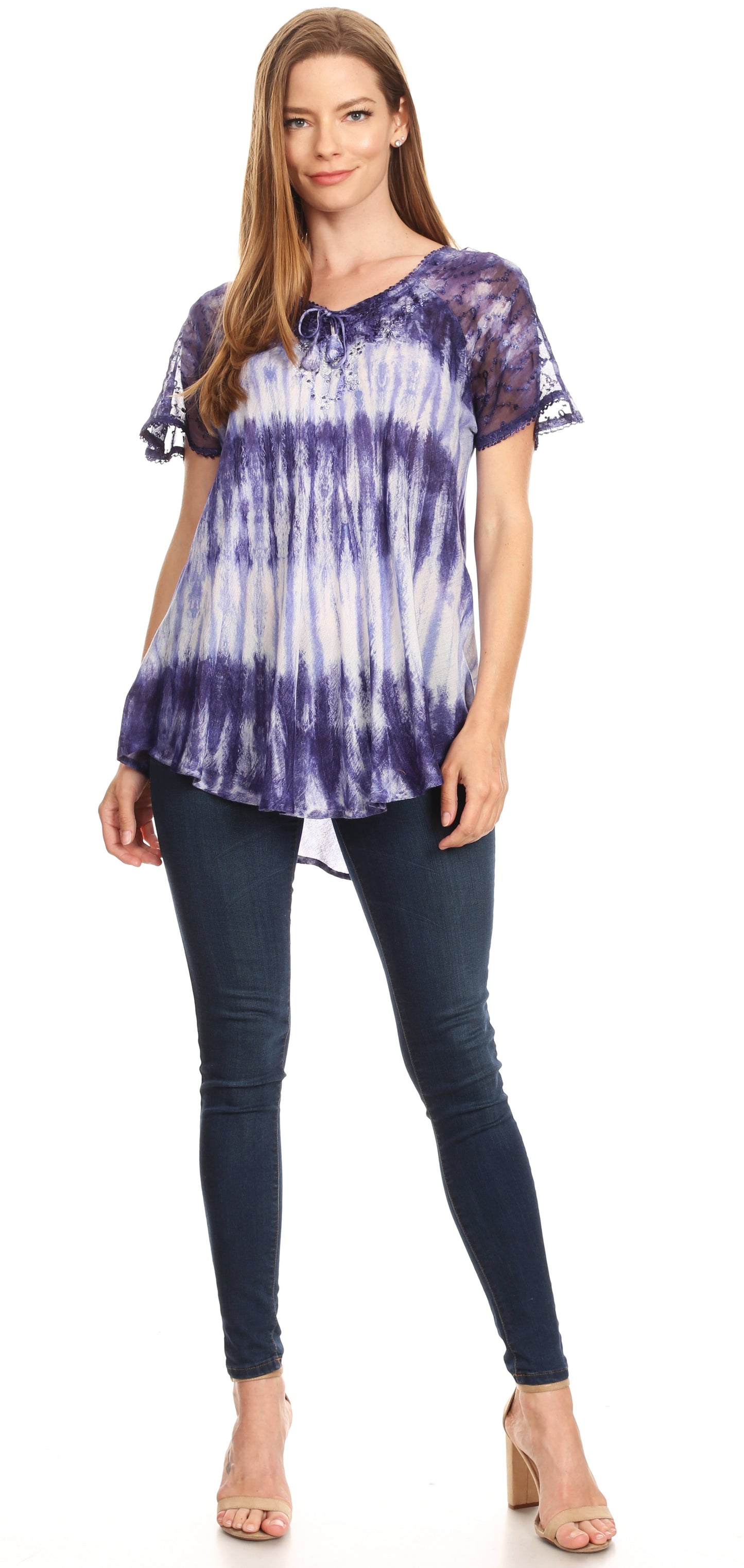 Sakkas Donna Women's Casual Lace Short Sleeve Tie Dye Corset Loose Top Blouse - Concordia Style Boutique