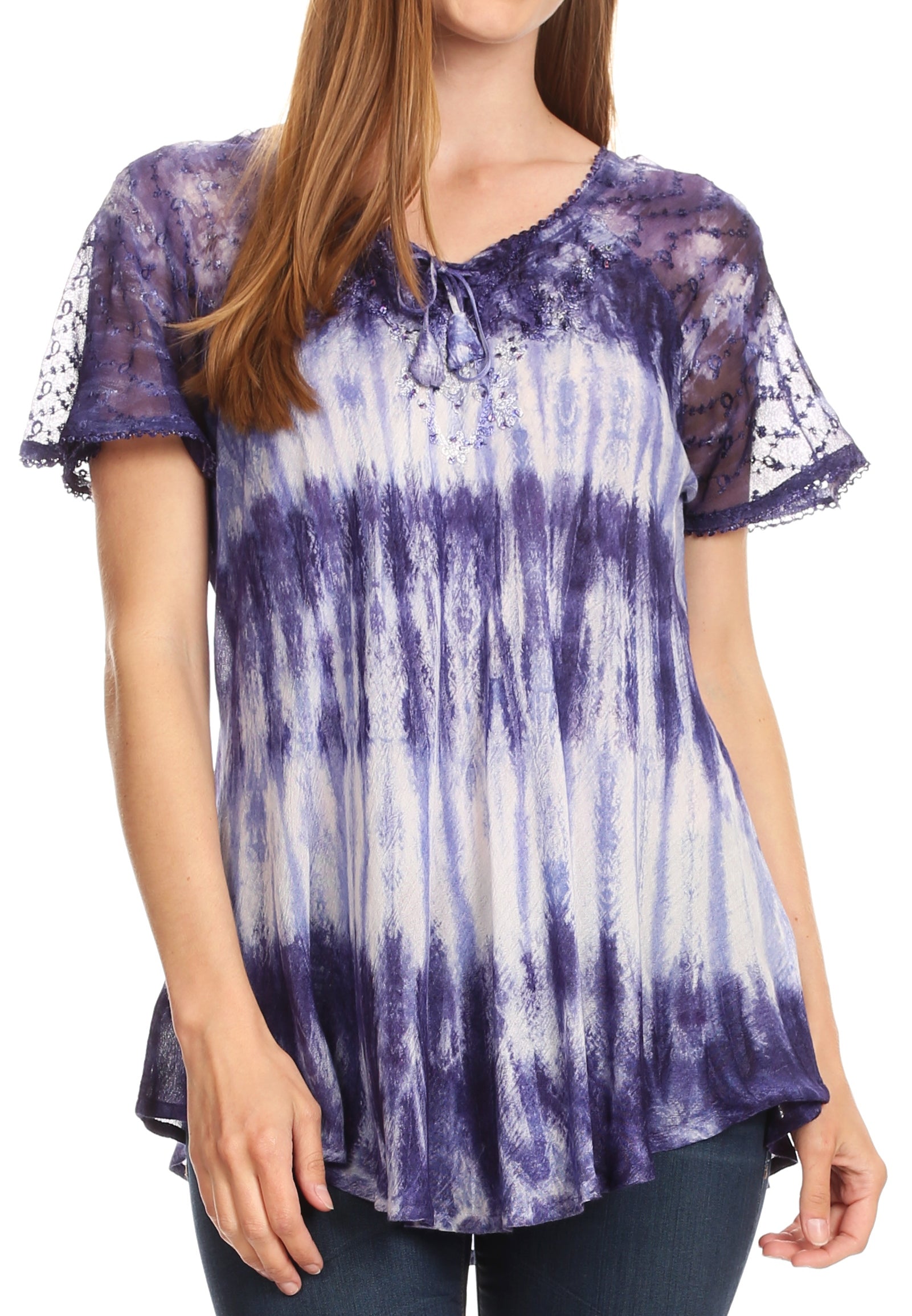 Sakkas Donna Women's Casual Lace Short Sleeve Tie Dye Corset Loose Top Blouse - Concordia Style Boutique