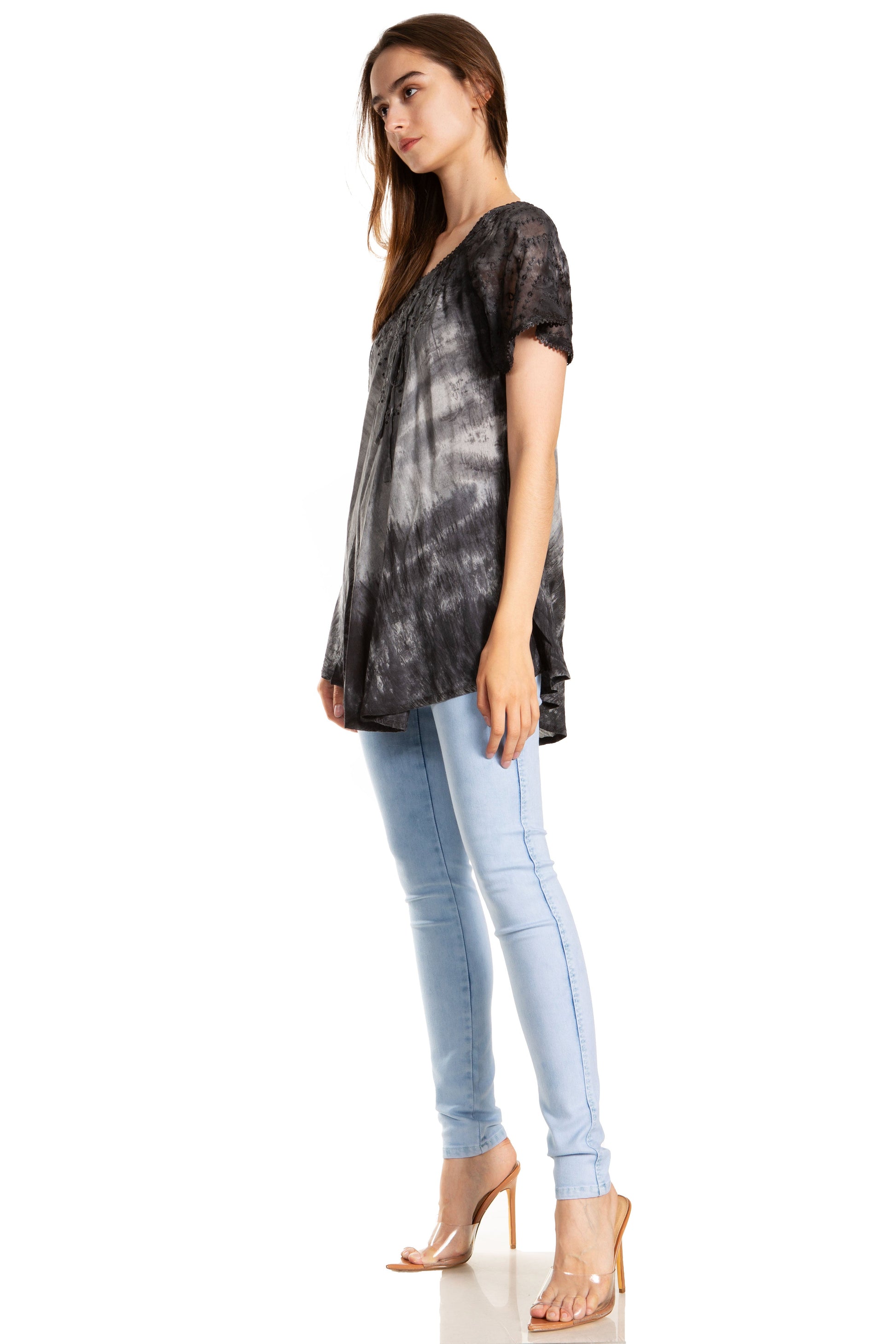 Sakkas Donna Women's Casual Lace Short Sleeve Tie Dye Corset Loose Top Blouse - Concordia Style Boutique