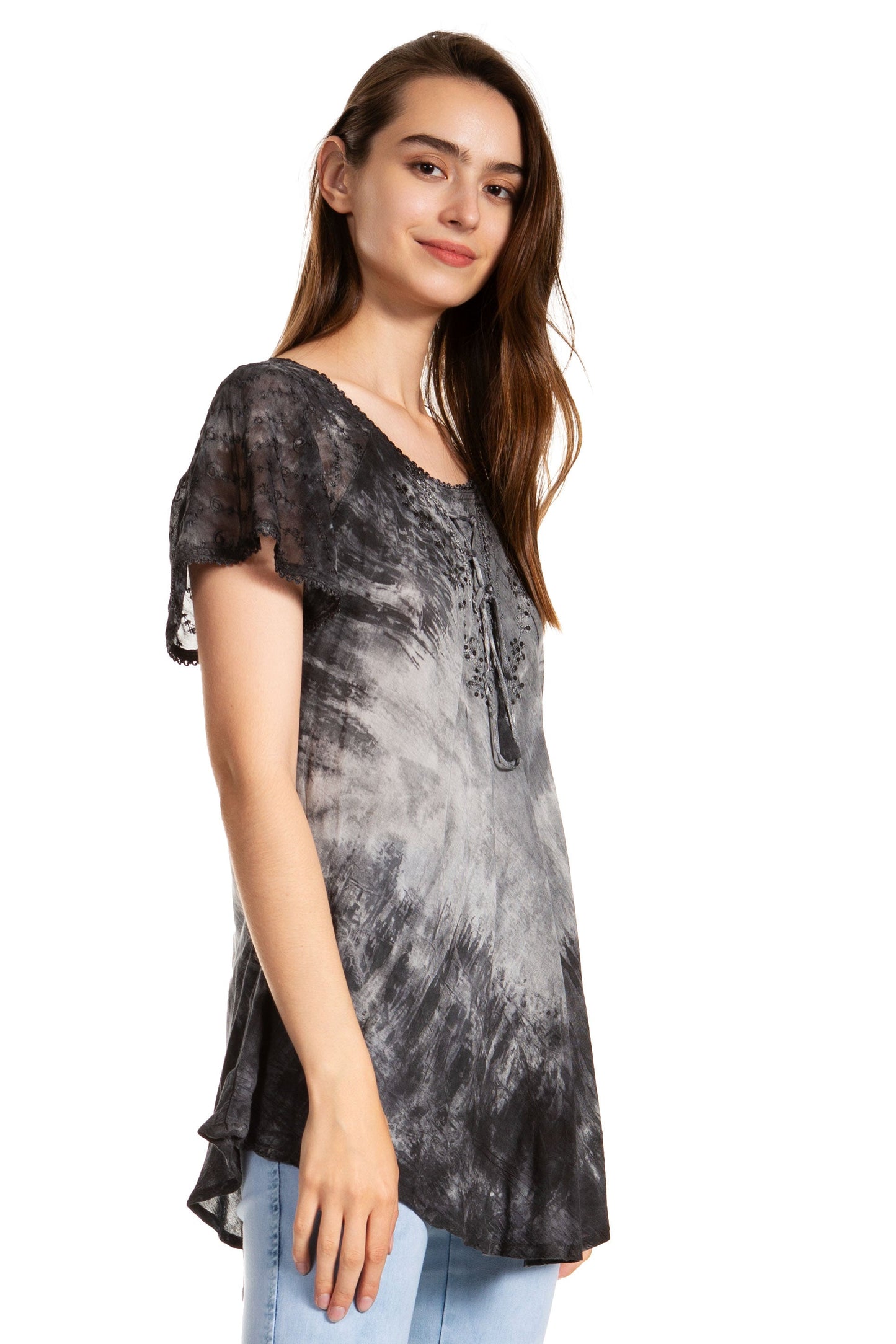 Sakkas Donna Women's Casual Lace Short Sleeve Tie Dye Corset Loose Top Blouse - Concordia Style Boutique