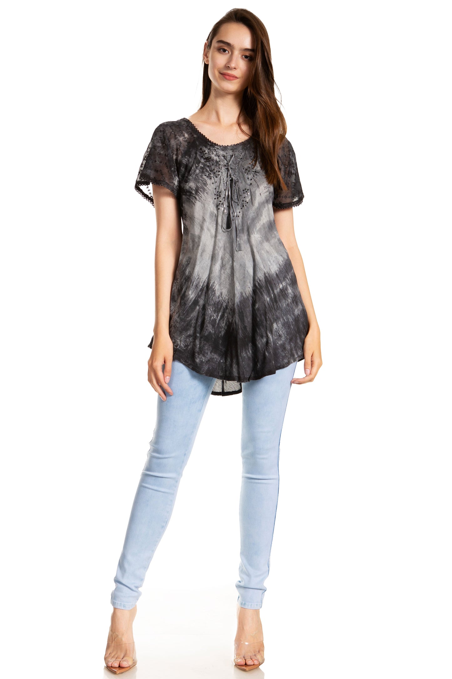 Sakkas Donna Women's Casual Lace Short Sleeve Tie Dye Corset Loose Top Blouse - Concordia Style Boutique