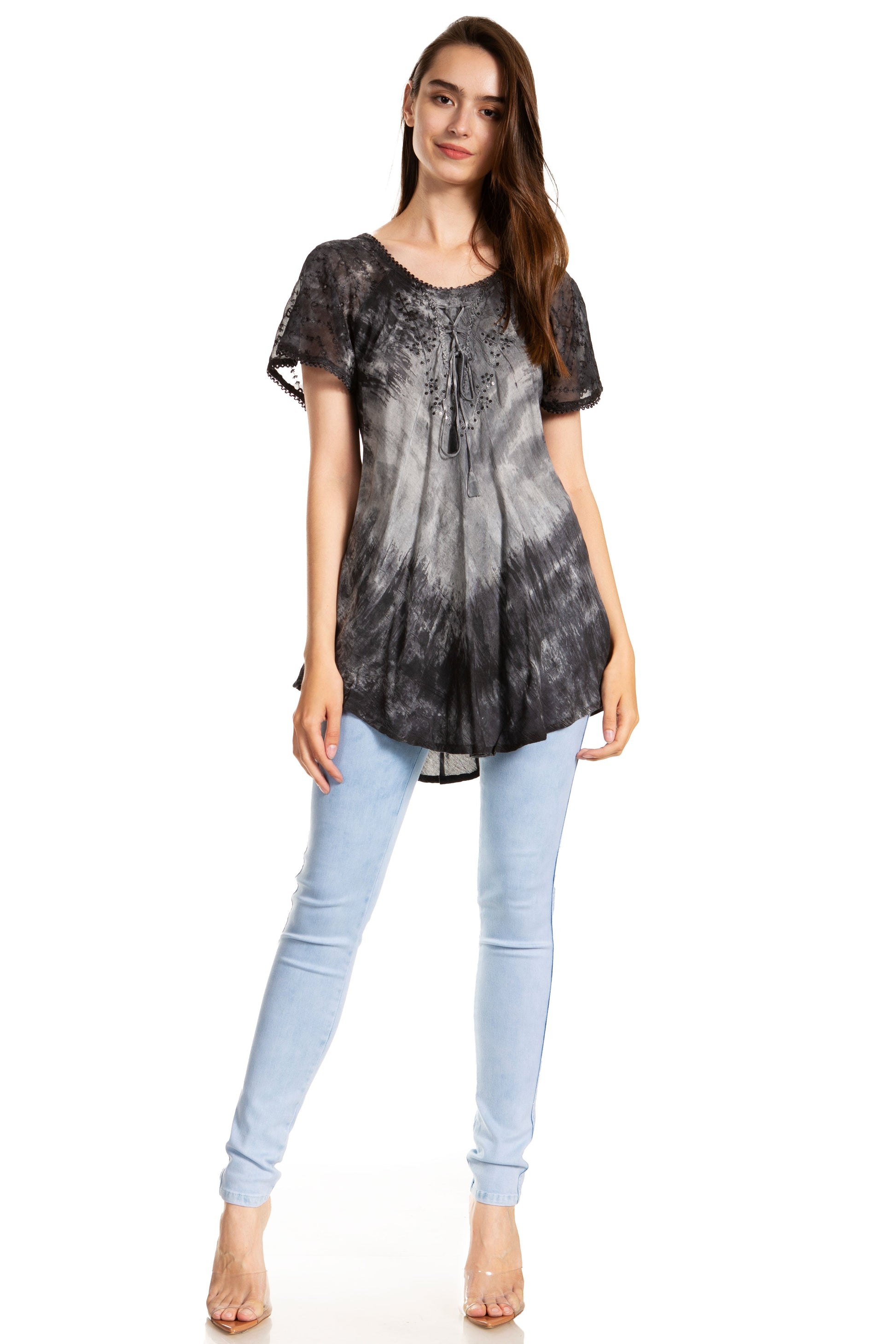 Sakkas Donna Women's Casual Lace Short Sleeve Tie Dye Corset Loose Top Blouse - Concordia Style Boutique