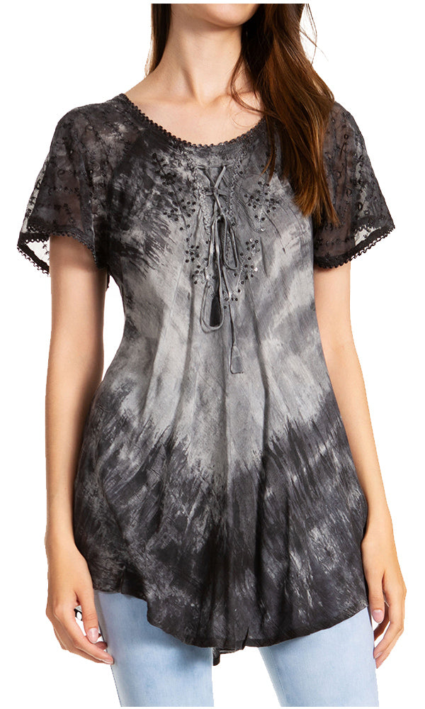 Sakkas Donna Women's Casual Lace Short Sleeve Tie Dye Corset Loose Top Blouse - Concordia Style Boutique