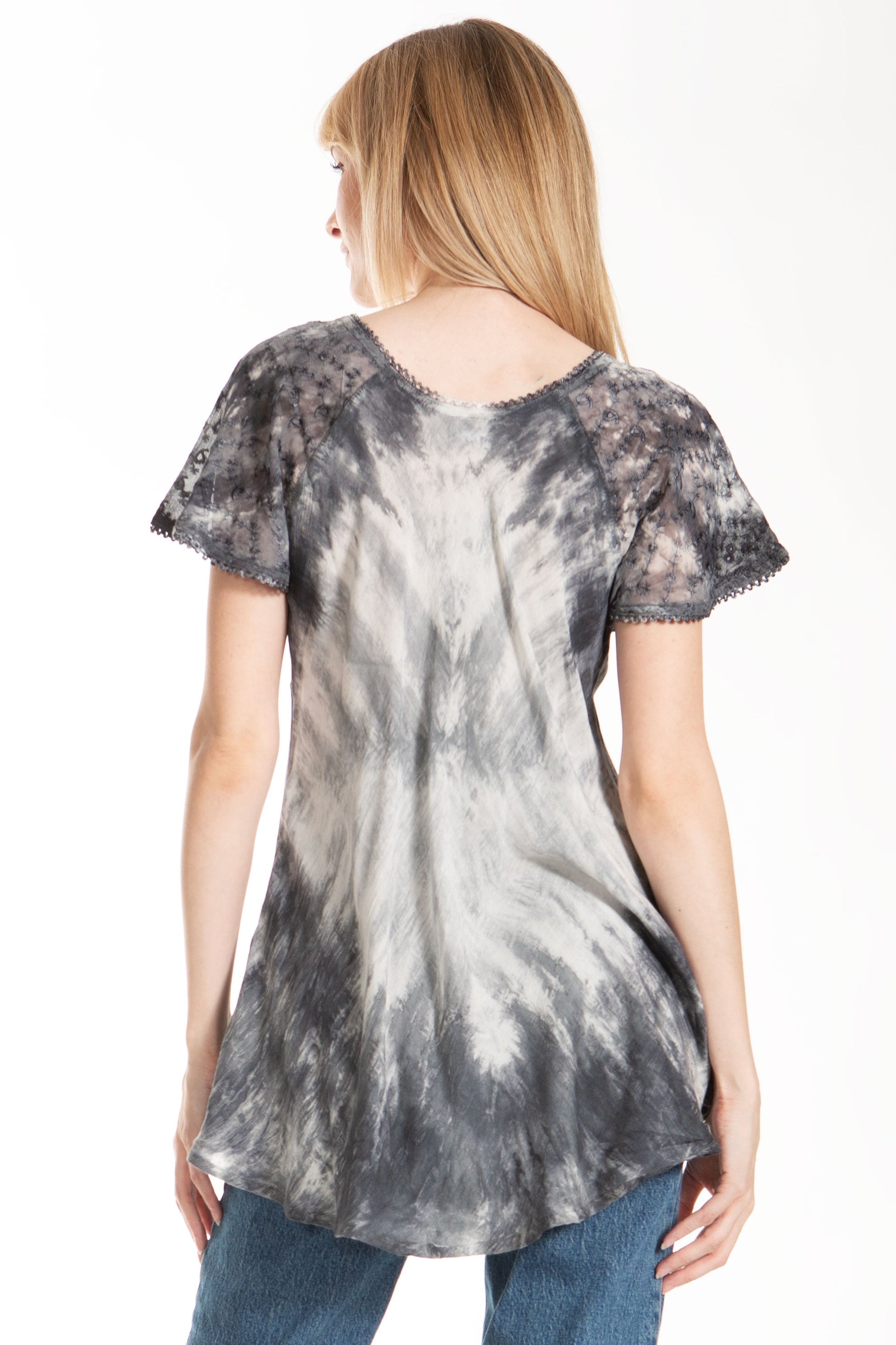 Sakkas Donna Women's Casual Lace Short Sleeve Tie Dye Corset Loose Top Blouse - Concordia Style Boutique