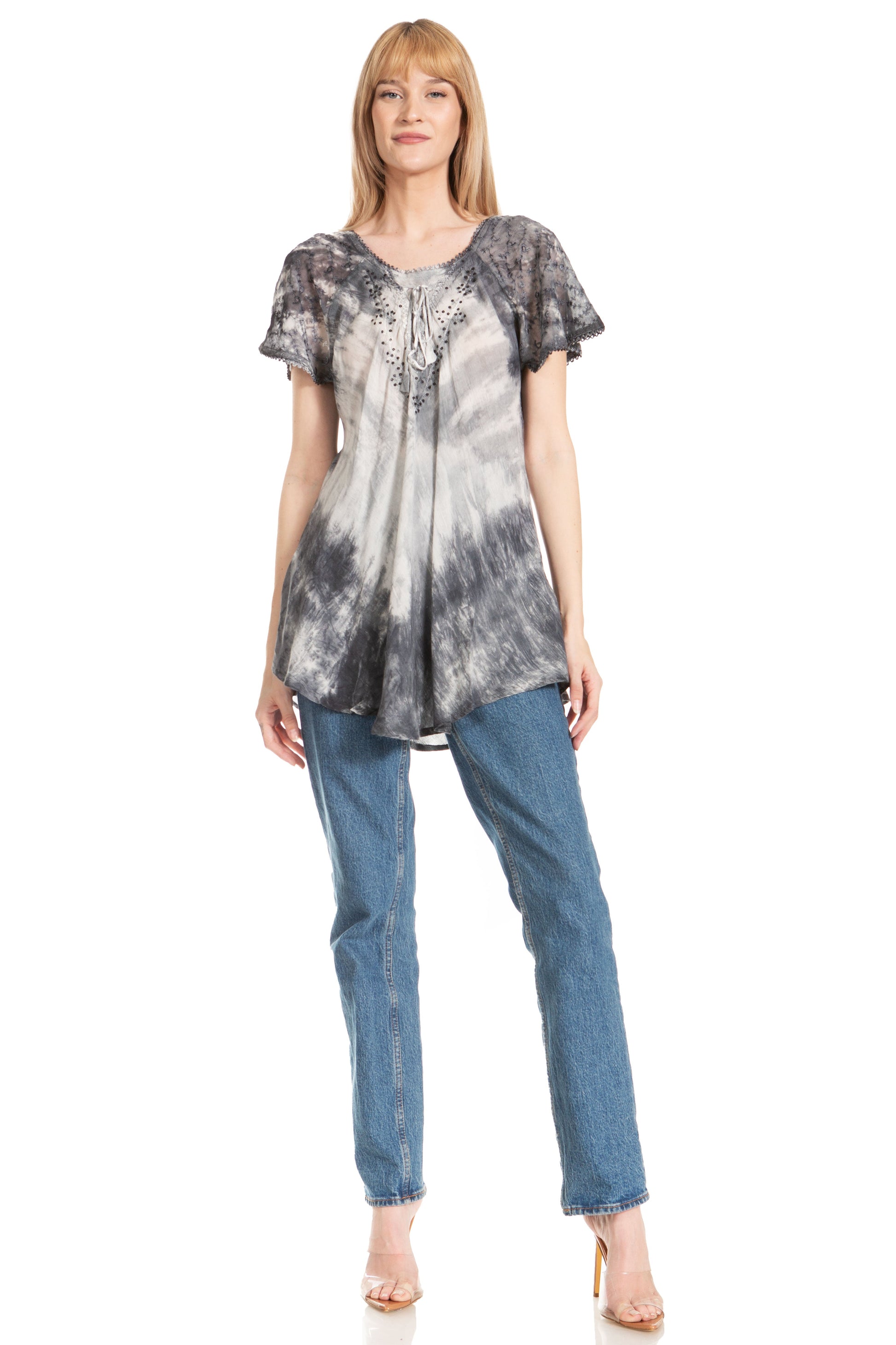 Sakkas Donna Women's Casual Lace Short Sleeve Tie Dye Corset Loose Top Blouse - Concordia Style Boutique