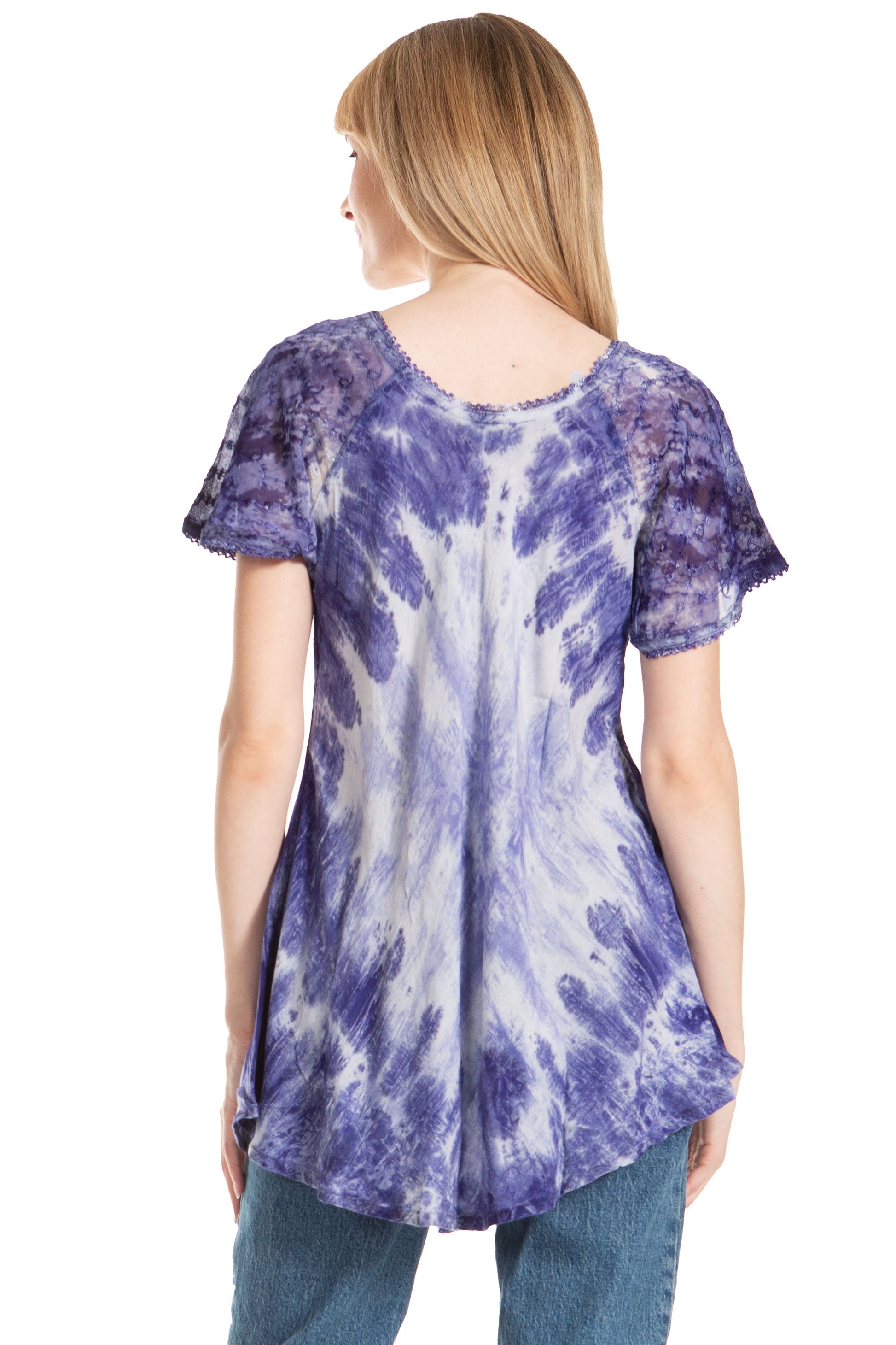 Sakkas Donna Women's Casual Lace Short Sleeve Tie Dye Corset Loose Top Blouse - Concordia Style Boutique