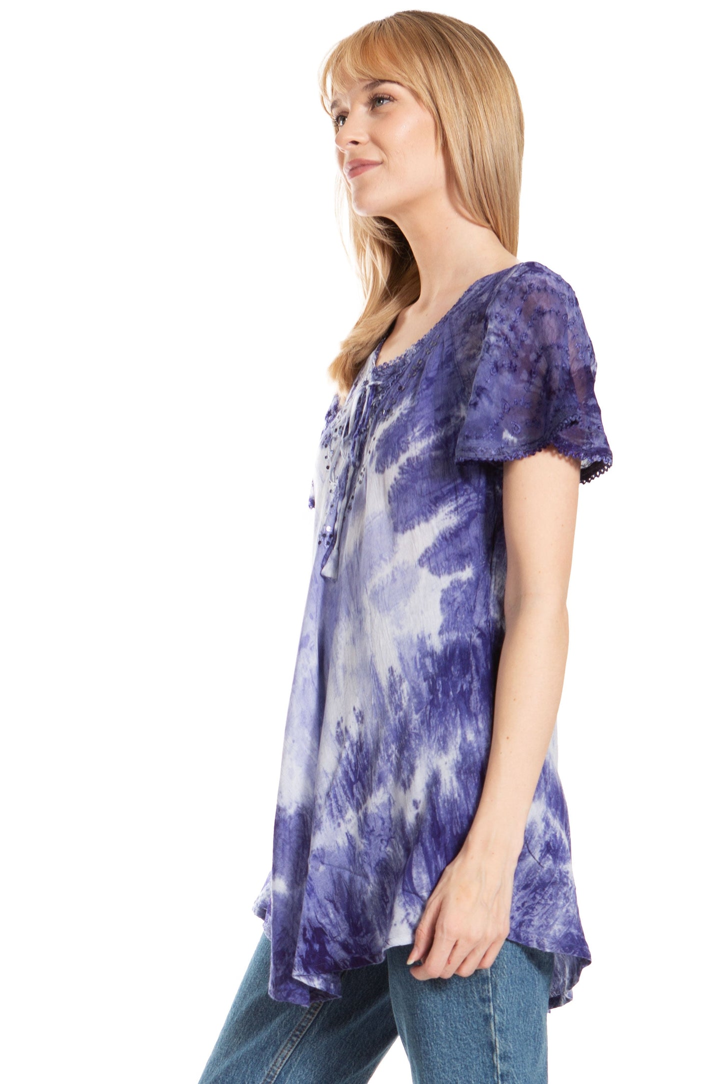 Sakkas Donna Women's Casual Lace Short Sleeve Tie Dye Corset Loose Top Blouse - Concordia Style Boutique