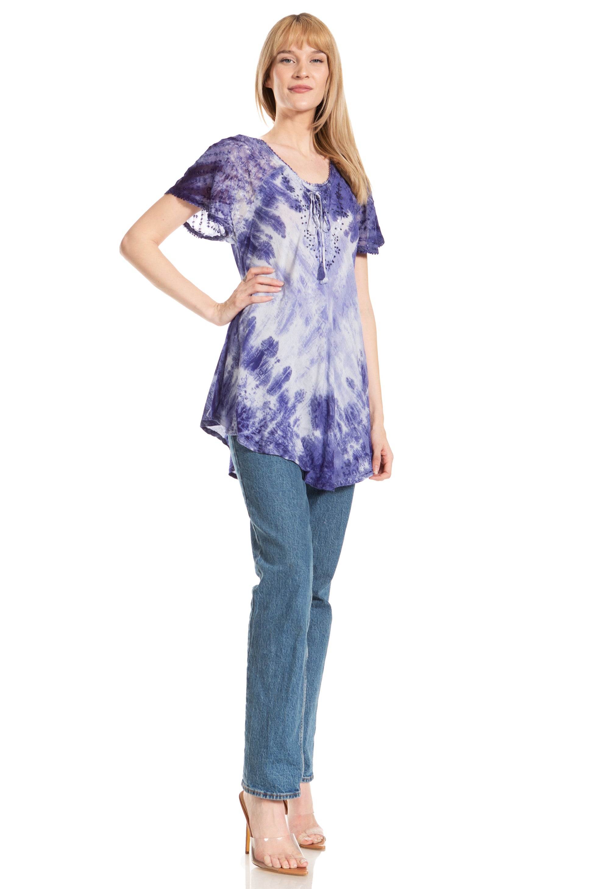 Sakkas Donna Women's Casual Lace Short Sleeve Tie Dye Corset Loose Top Blouse - Concordia Style Boutique