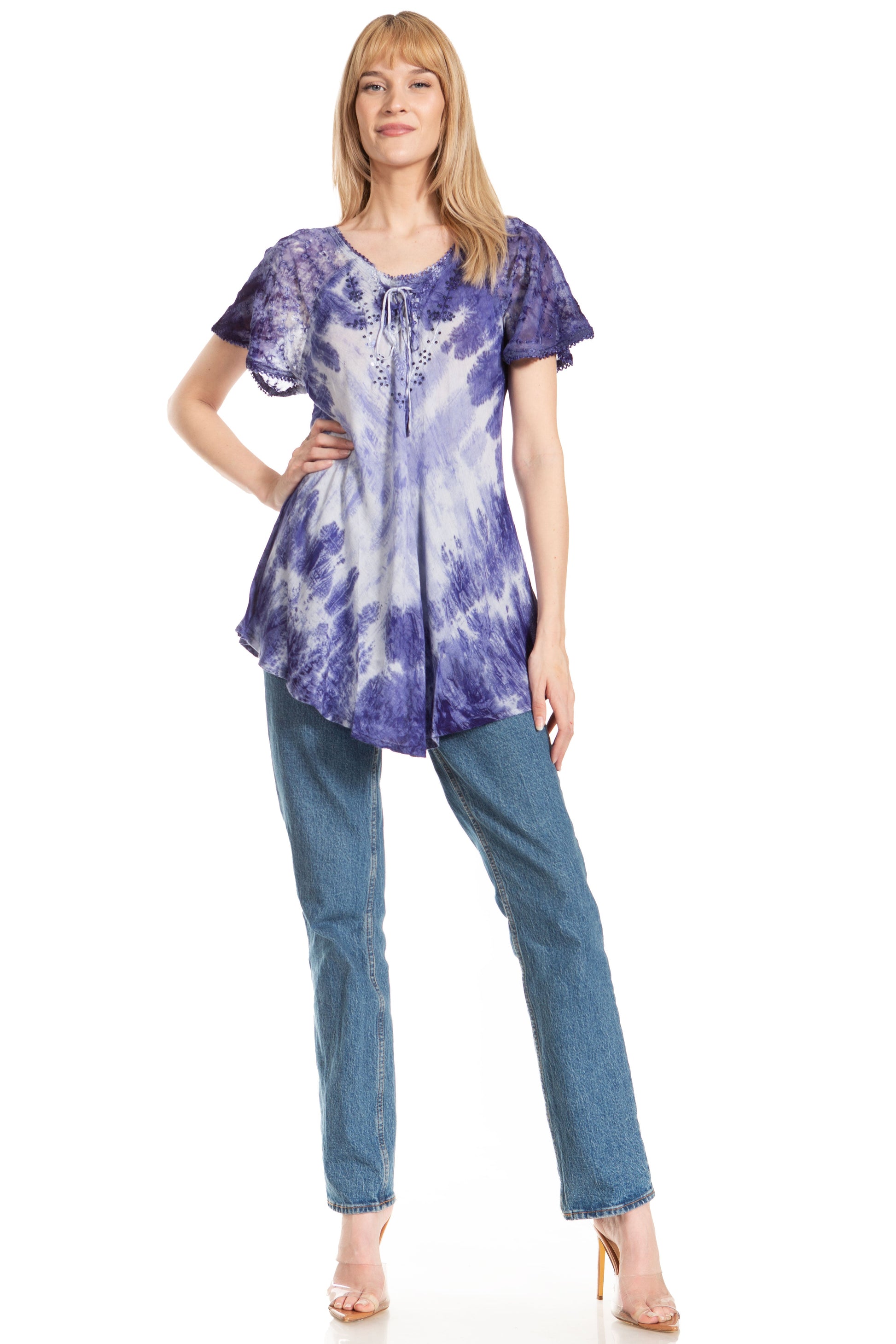 Sakkas Donna Women's Casual Lace Short Sleeve Tie Dye Corset Loose Top Blouse - Concordia Style Boutique