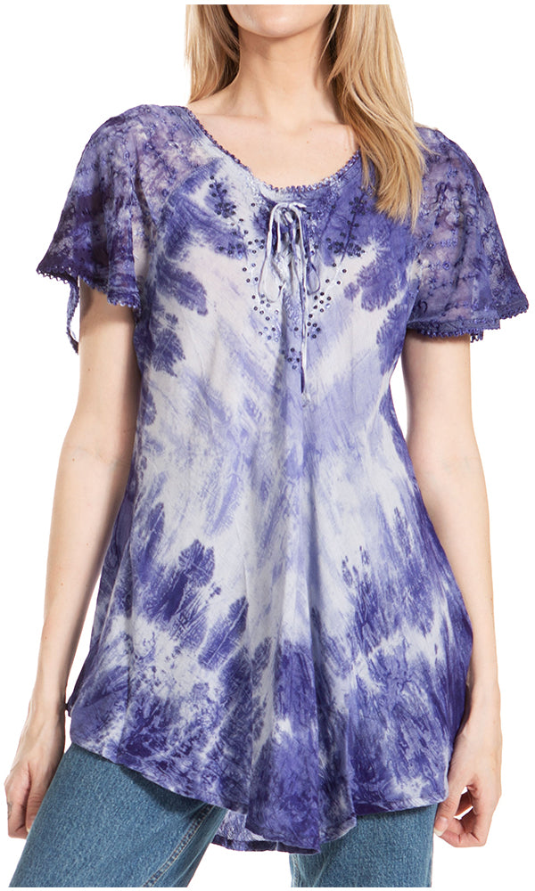 Sakkas Donna Women's Casual Lace Short Sleeve Tie Dye Corset Loose Top Blouse - Concordia Style Boutique