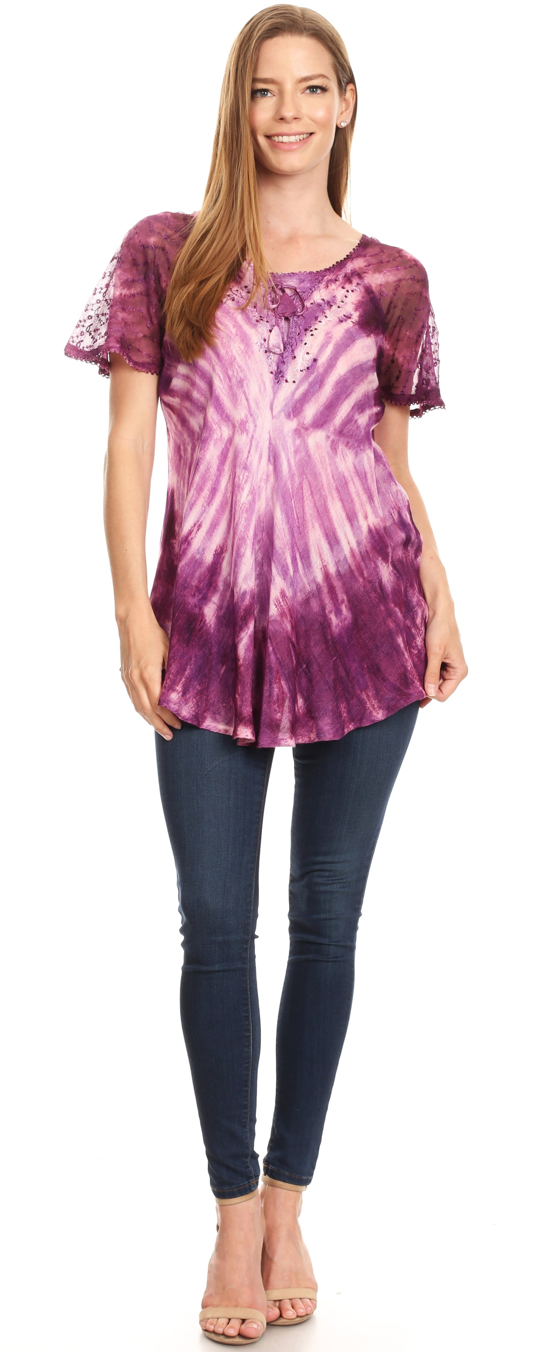 Sakkas Donna Women's Casual Lace Short Sleeve Tie Dye Corset Loose Top Blouse - Concordia Style Boutique