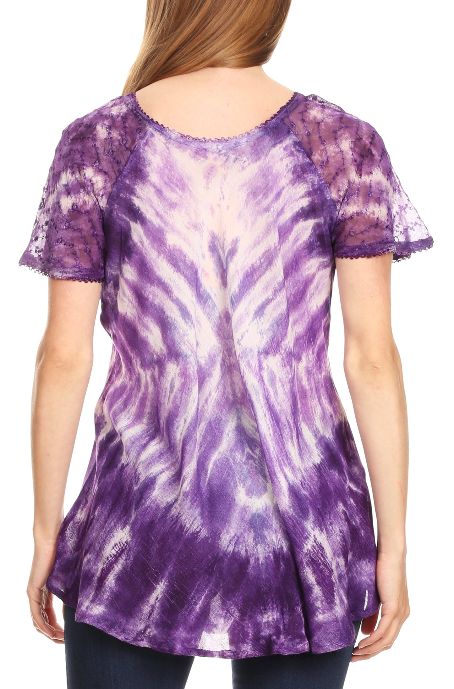 Sakkas Donna Women's Casual Lace Short Sleeve Tie Dye Corset Loose Top Blouse - Concordia Style Boutique