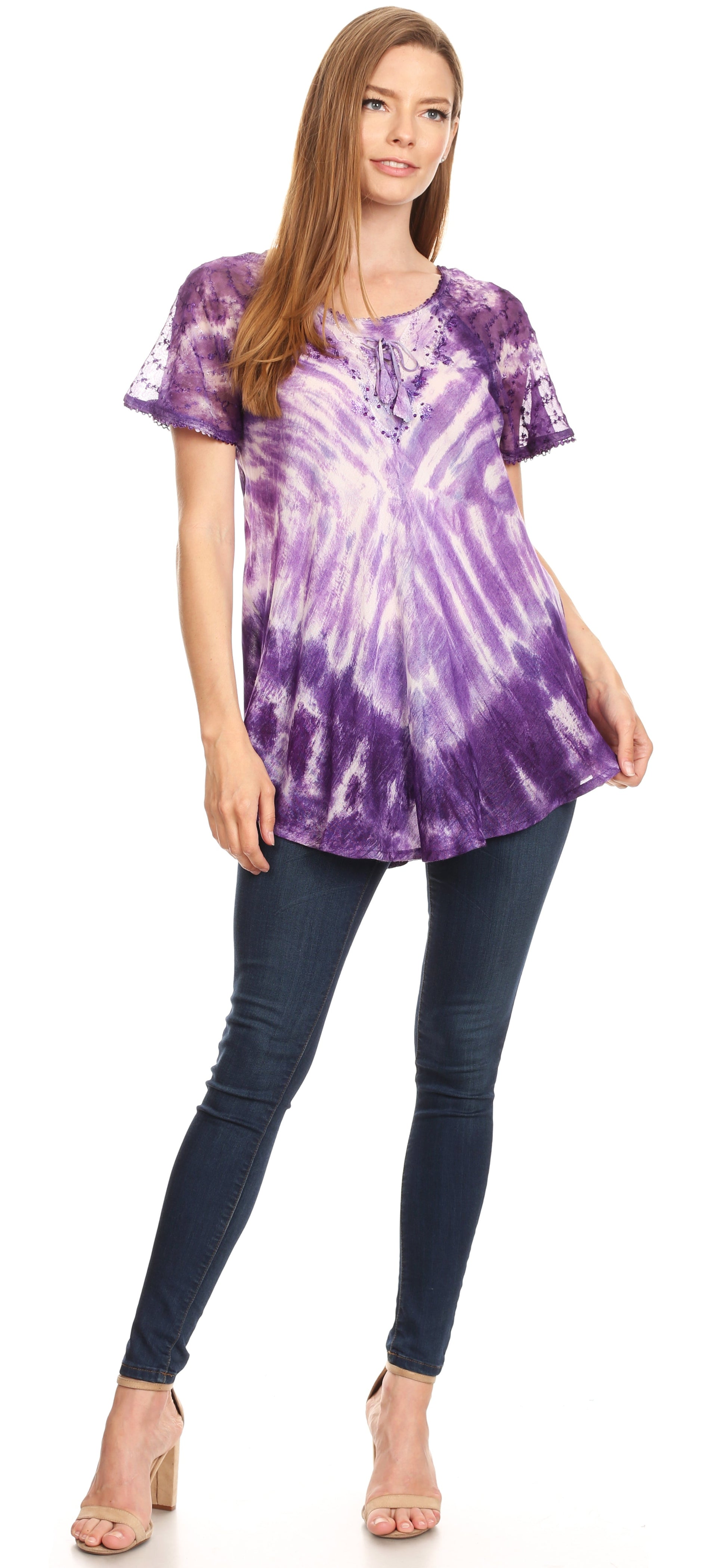 Sakkas Donna Women's Casual Lace Short Sleeve Tie Dye Corset Loose Top Blouse - Concordia Style Boutique