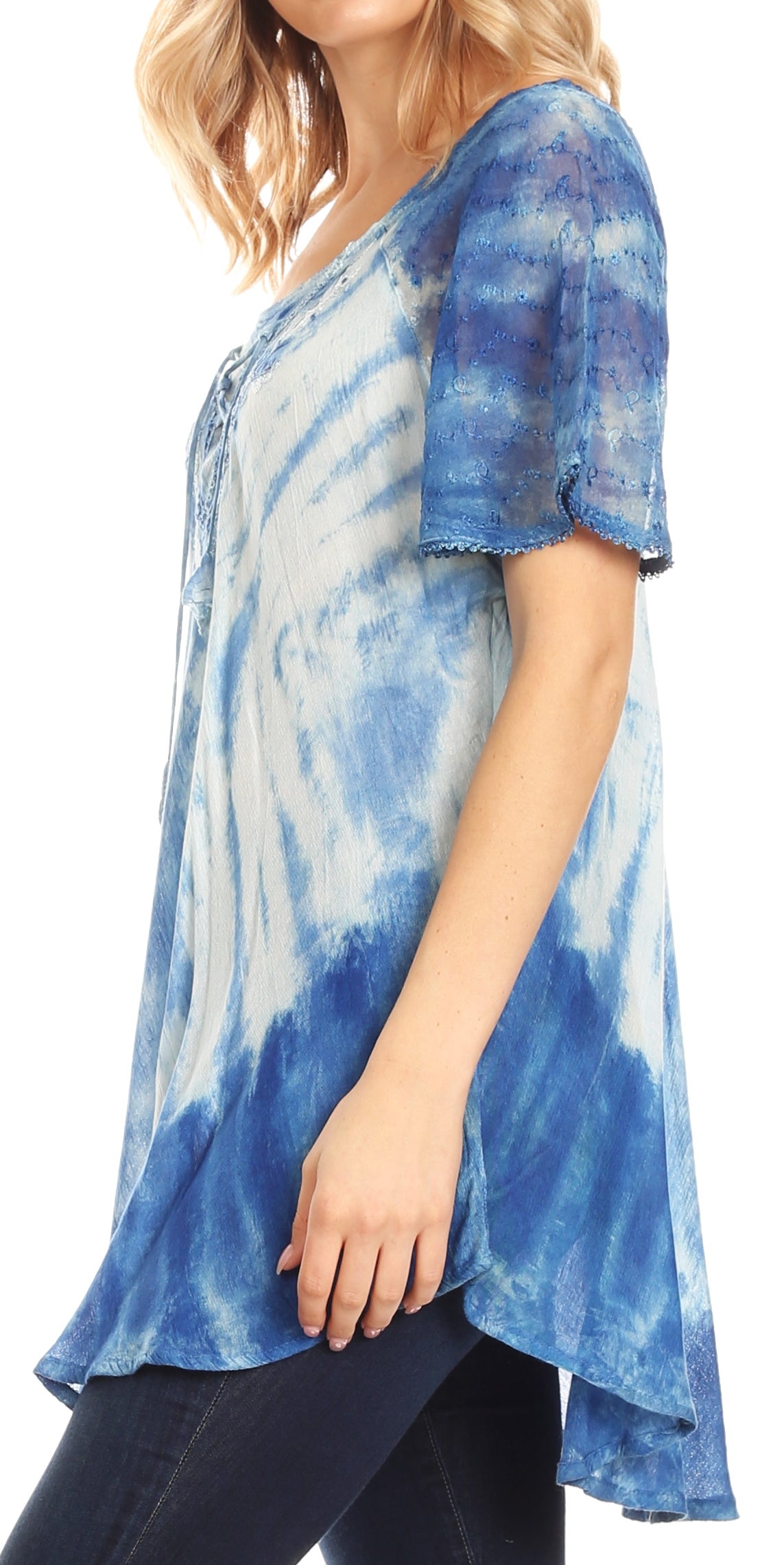 Sakkas Donna Women's Casual Lace Short Sleeve Tie Dye Corset Loose Top Blouse - Concordia Style Boutique