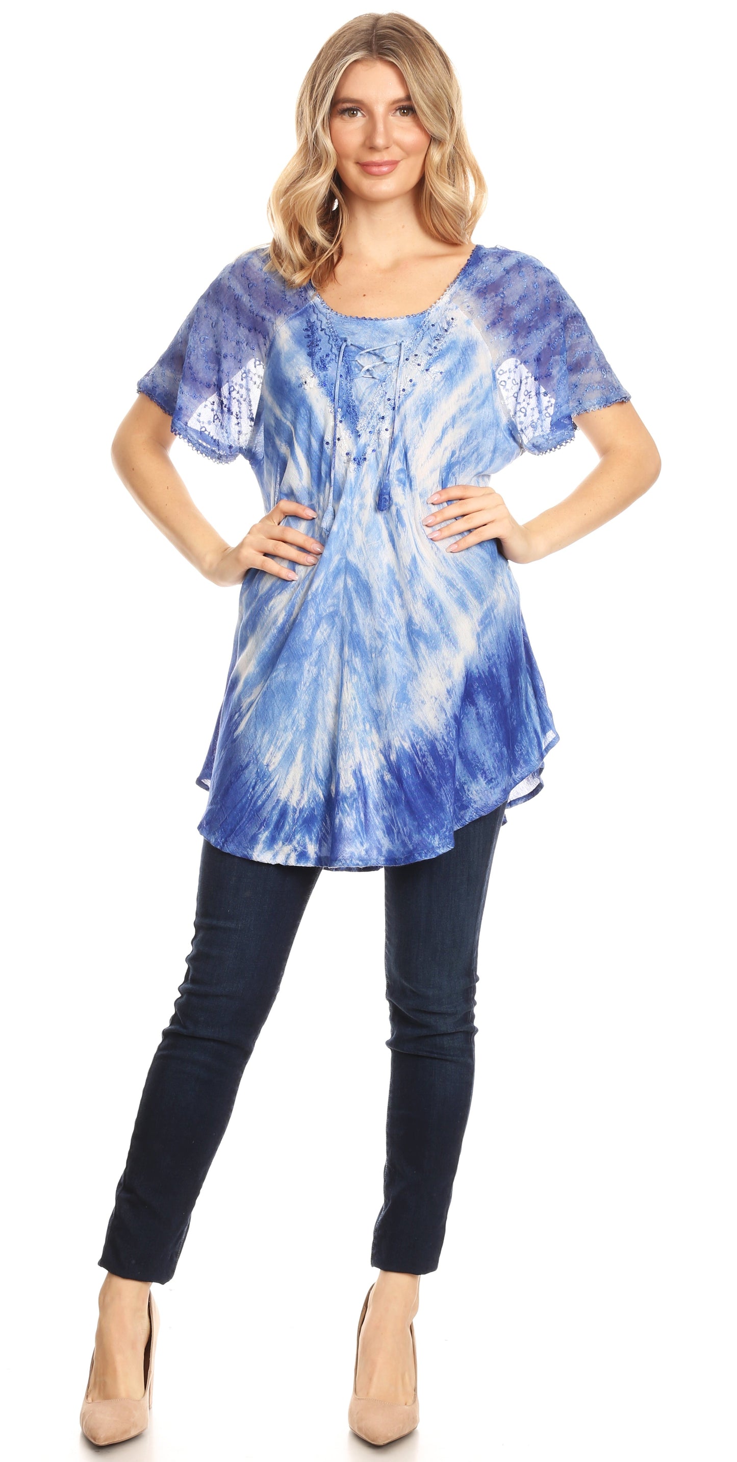 Sakkas Donna Women's Casual Lace Short Sleeve Tie Dye Corset Loose Top Blouse - Concordia Style Boutique