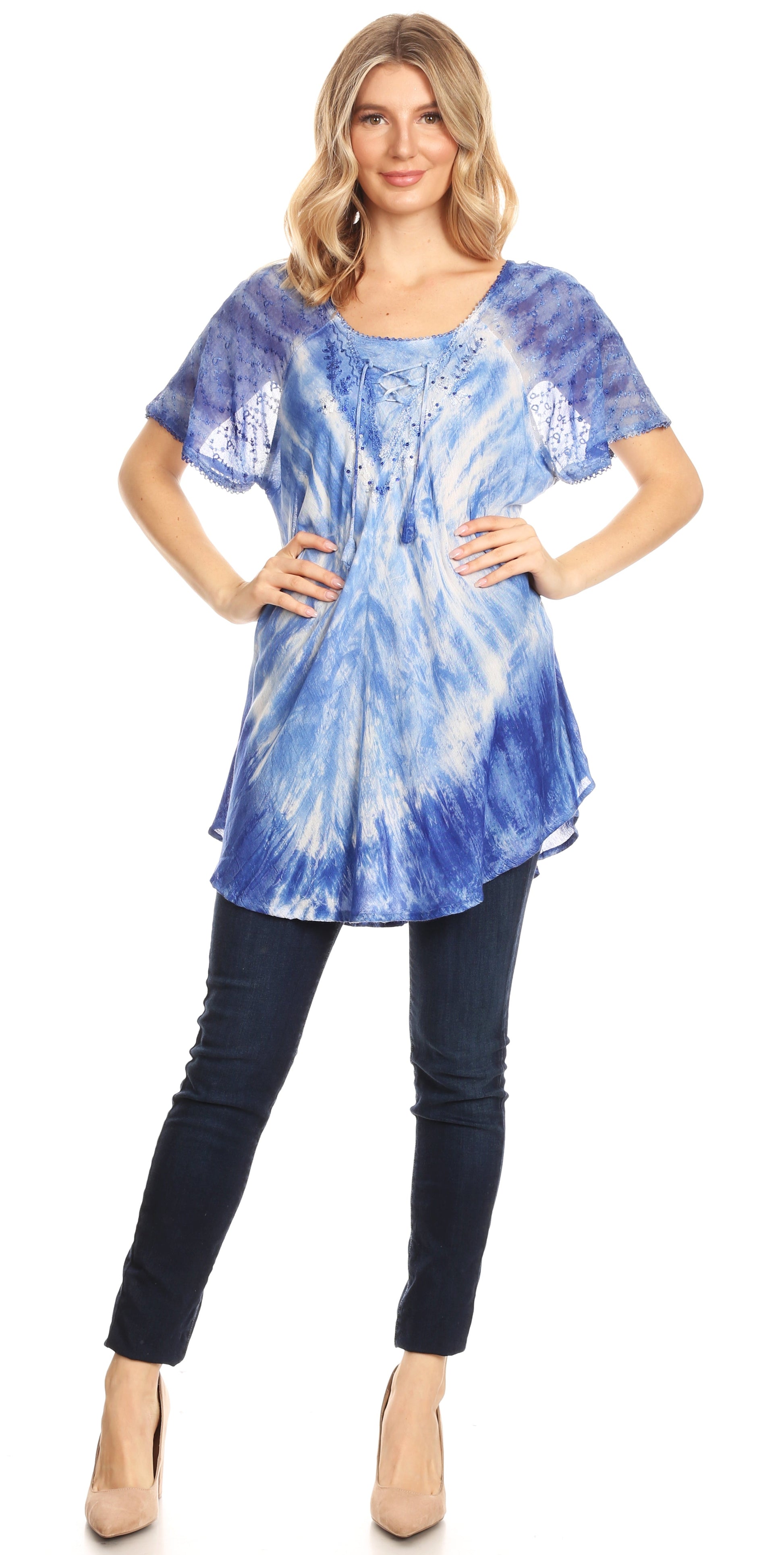 Sakkas Donna Women's Casual Lace Short Sleeve Tie Dye Corset Loose Top Blouse - Concordia Style Boutique