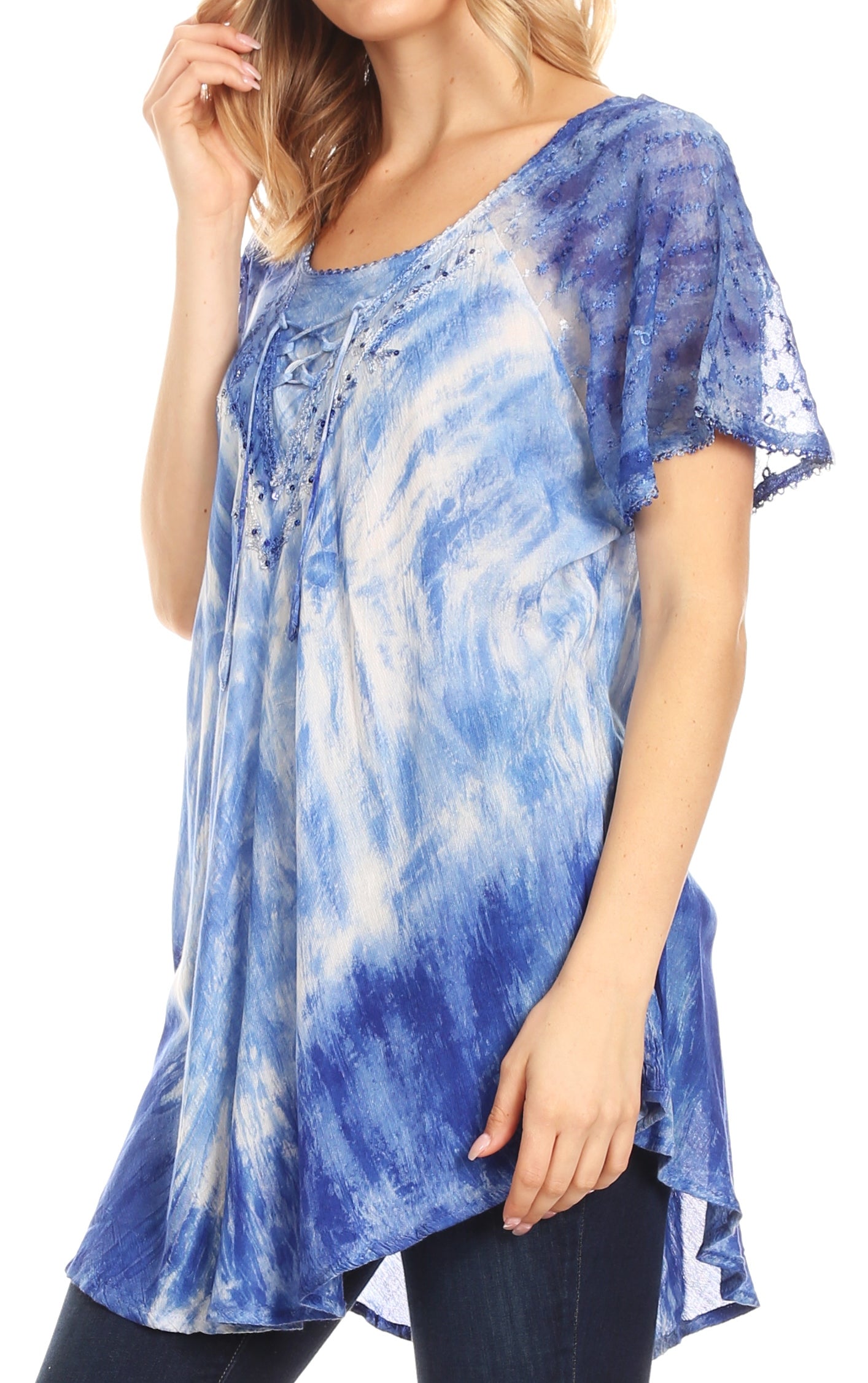 Sakkas Donna Women's Casual Lace Short Sleeve Tie Dye Corset Loose Top Blouse - Concordia Style Boutique