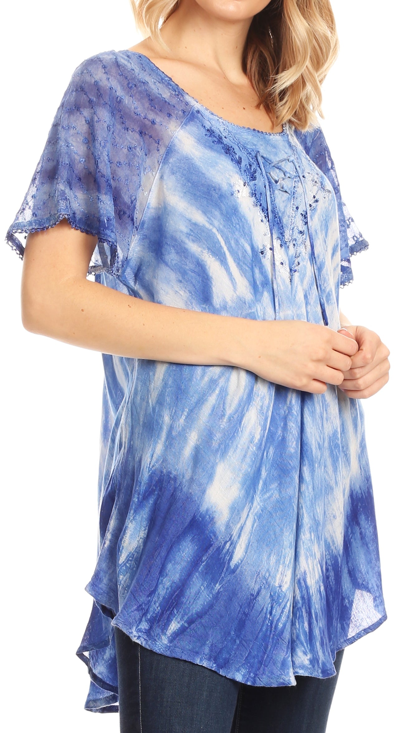 Sakkas Donna Women's Casual Lace Short Sleeve Tie Dye Corset Loose Top Blouse - Concordia Style Boutique