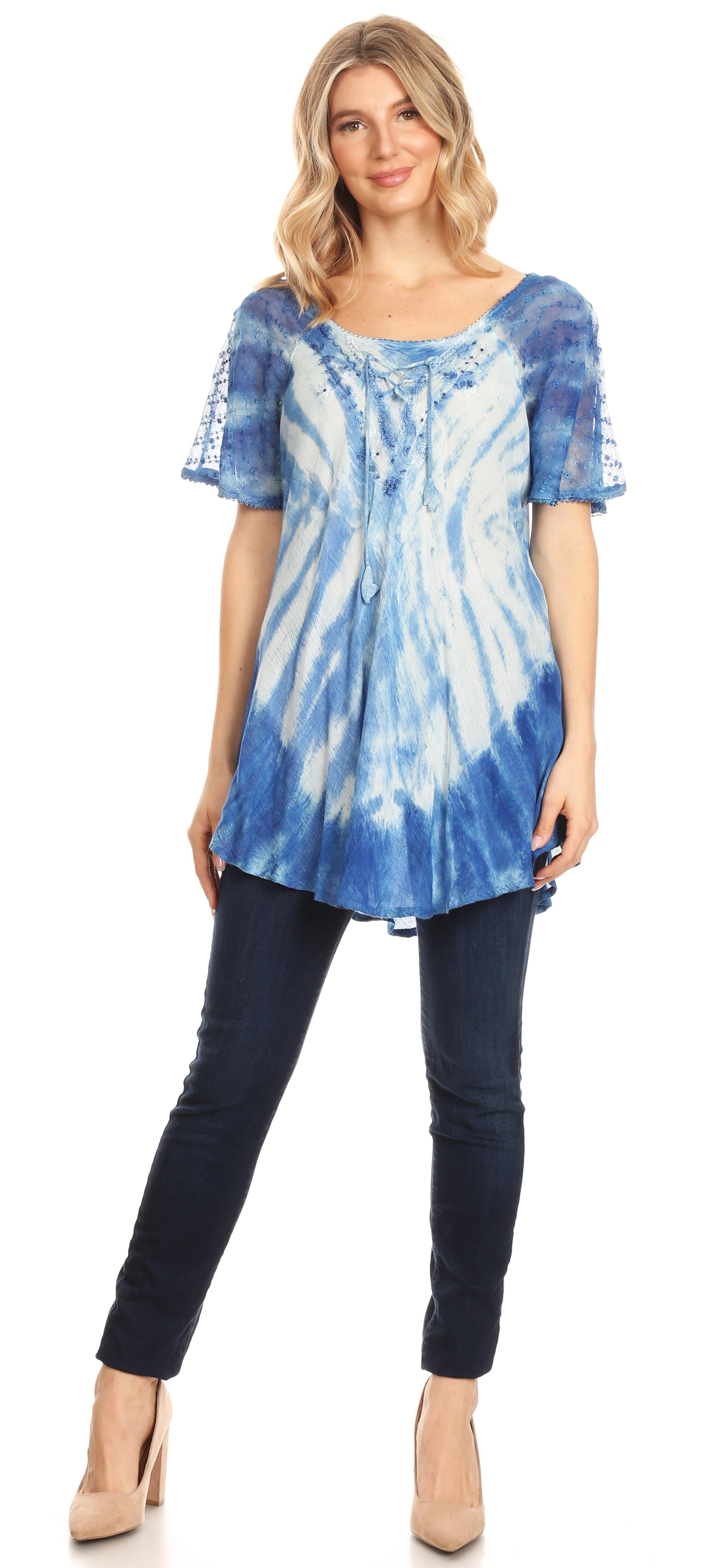 Sakkas Donna Women's Casual Lace Short Sleeve Tie Dye Corset Loose Top Blouse - Concordia Style Boutique