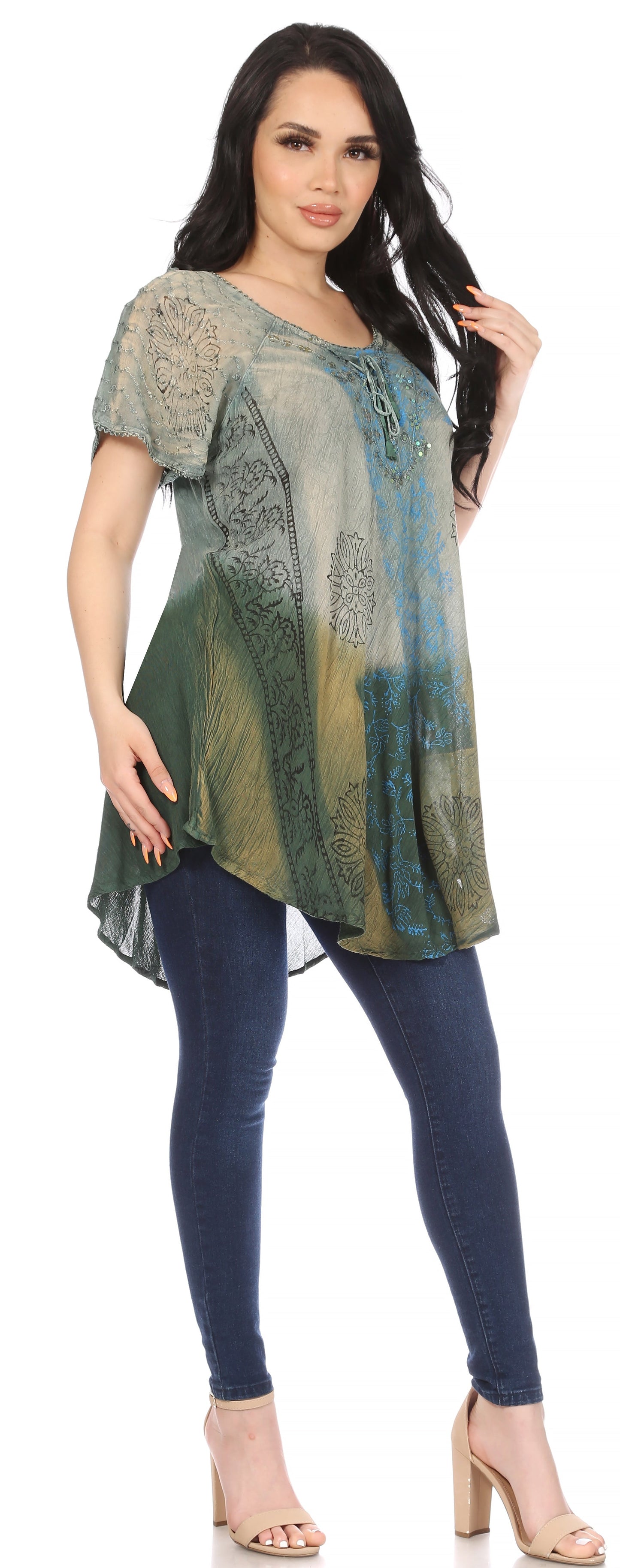 Sakkas Marzia Women's Loose Fit Short Sleeve Casual Tie Dye Batik Blouse Top Tunic - Concordia Style Boutique