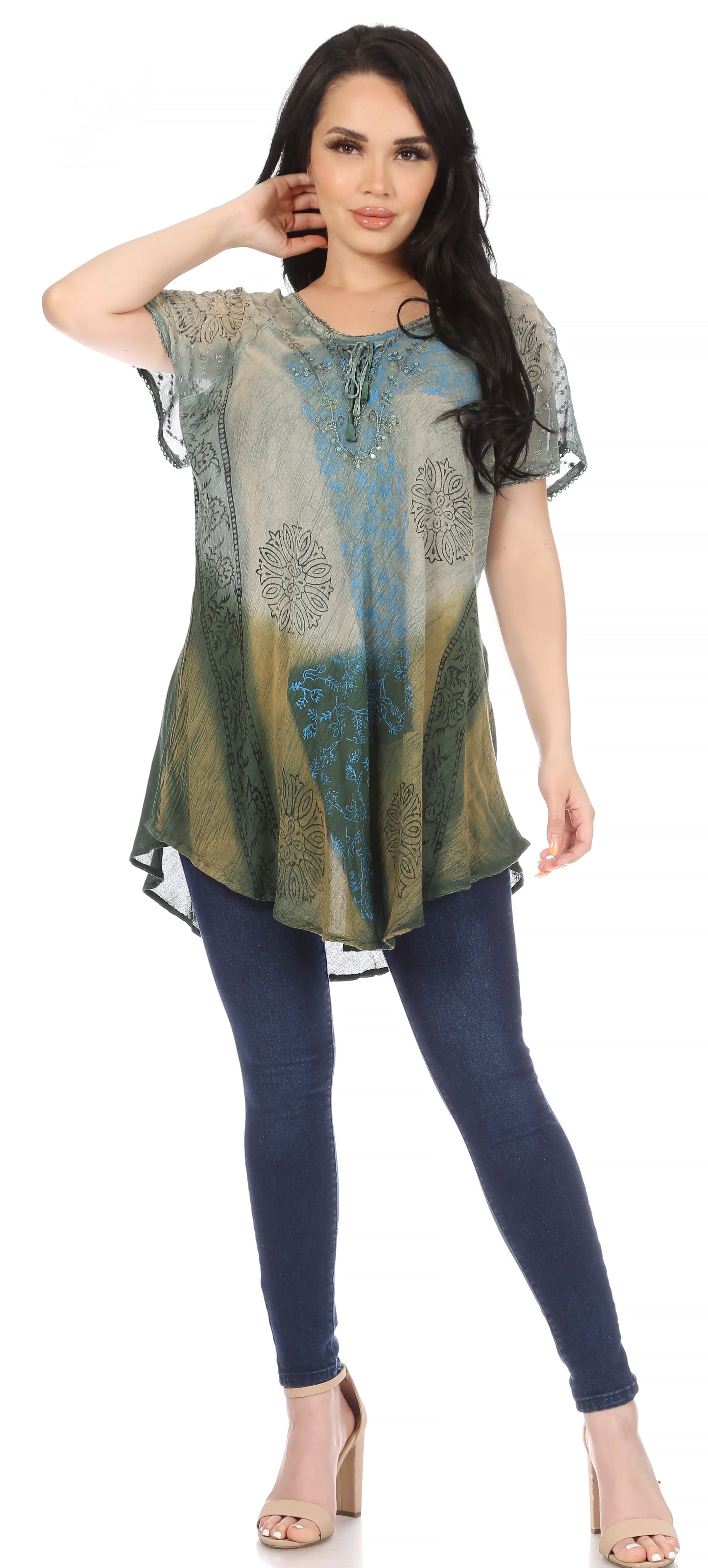Sakkas Marzia Women's Loose Fit Short Sleeve Casual Tie Dye Batik Blouse Top Tunic - Concordia Style Boutique