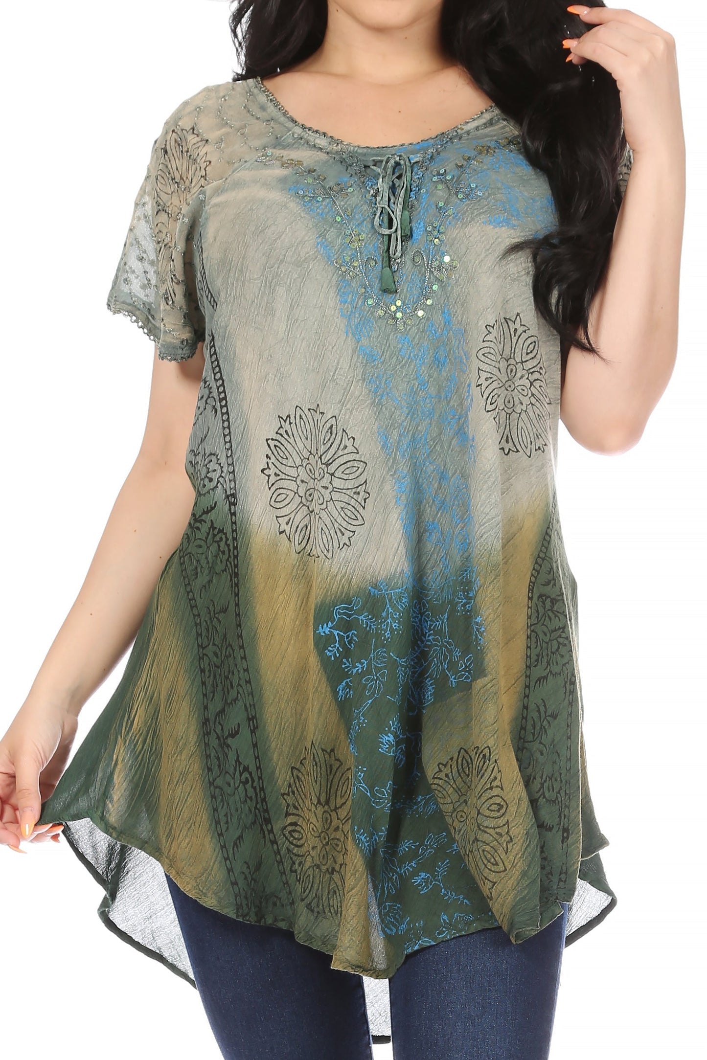 Sakkas Marzia Women's Loose Fit Short Sleeve Casual Tie Dye Batik Blouse Top Tunic - Concordia Style Boutique