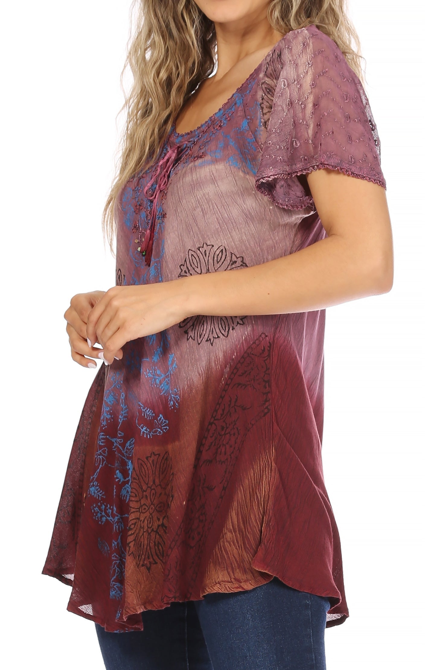Sakkas Marzia Women's Loose Fit Short Sleeve Casual Tie Dye Batik Blouse Top Tunic - Concordia Style Boutique
