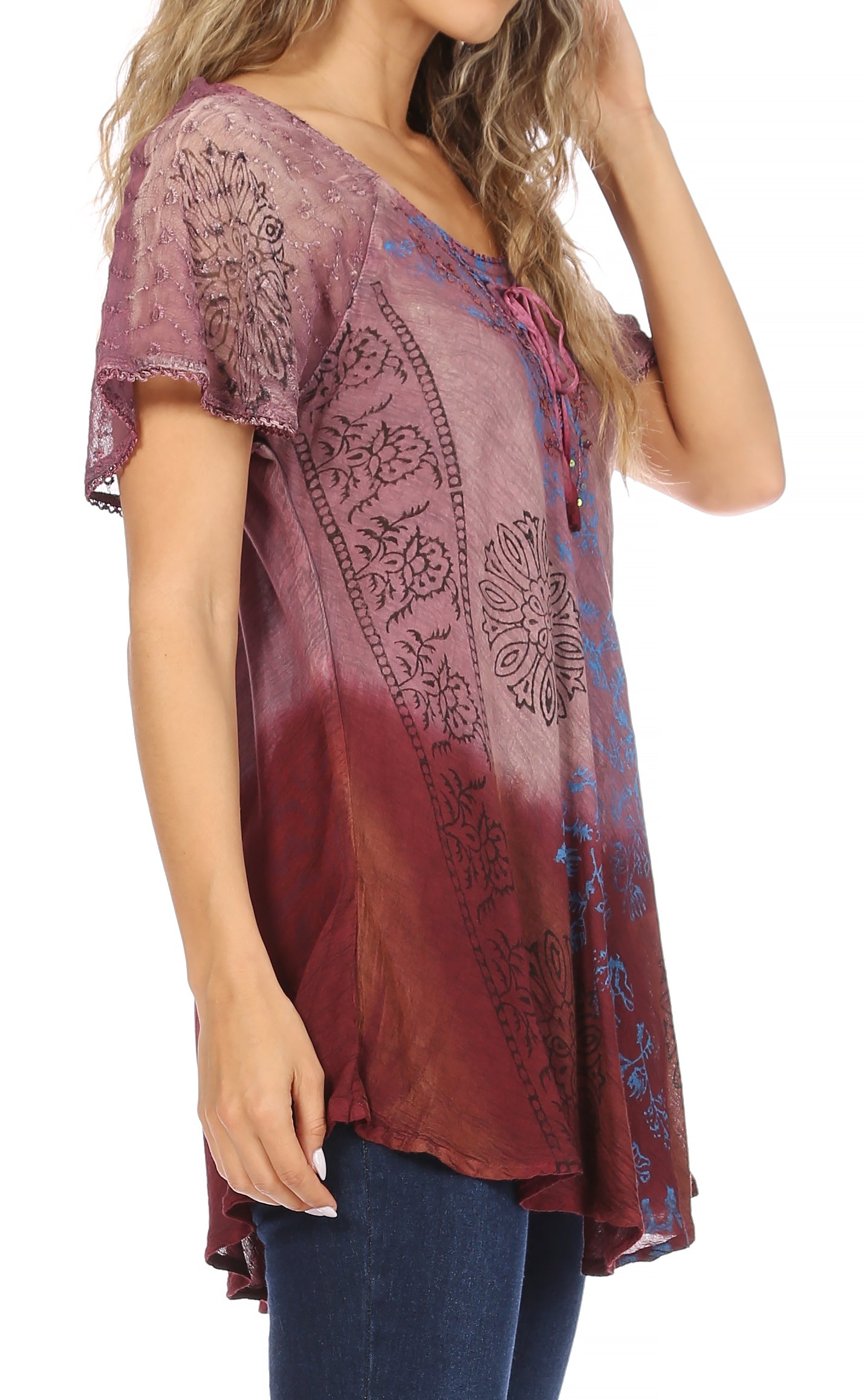 Sakkas Marzia Women's Loose Fit Short Sleeve Casual Tie Dye Batik Blouse Top Tunic - Concordia Style Boutique