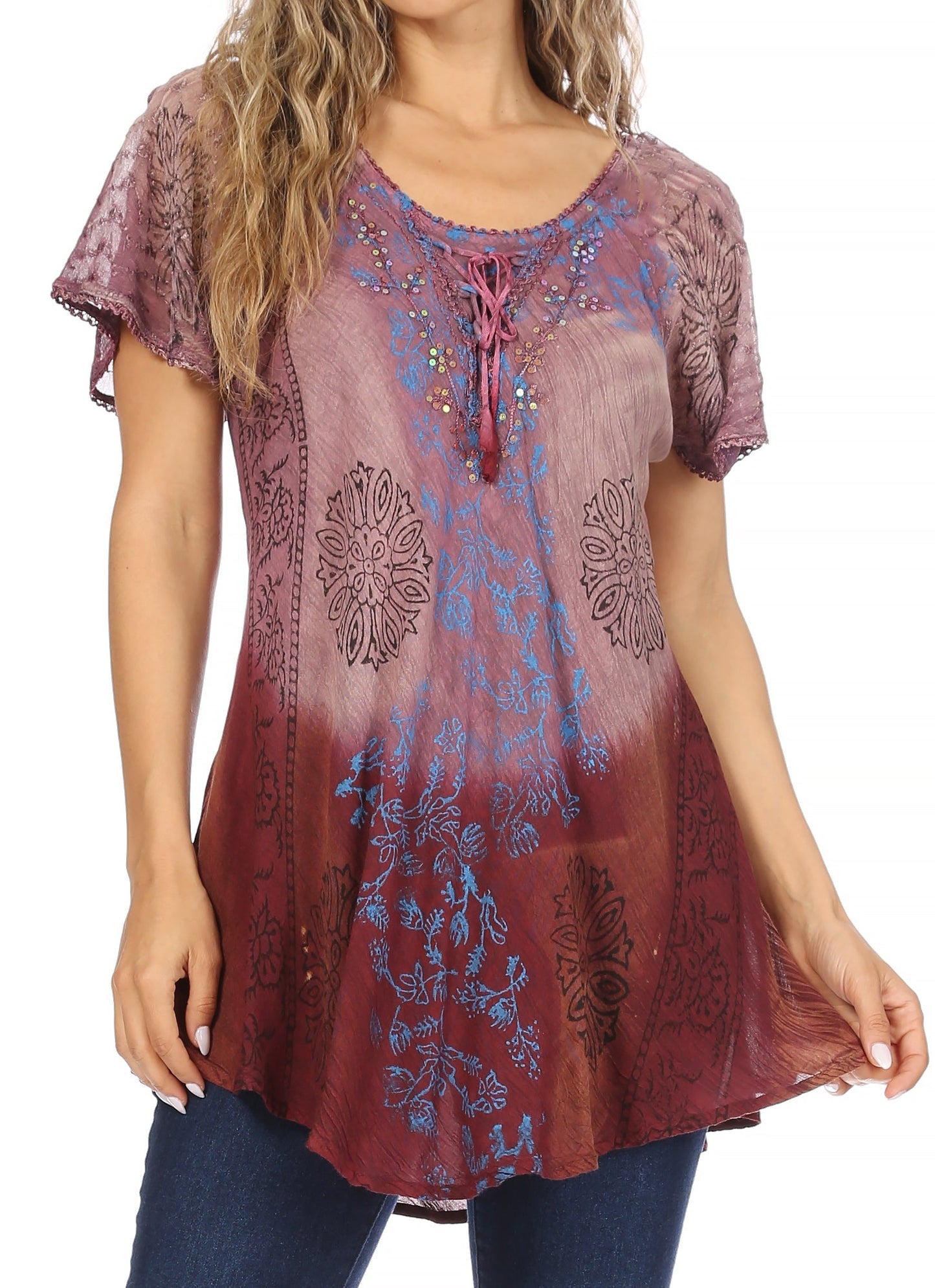 Sakkas Marzia Women's Loose Fit Short Sleeve Casual Tie Dye Batik Blouse Top Tunic - Concordia Style Boutique
