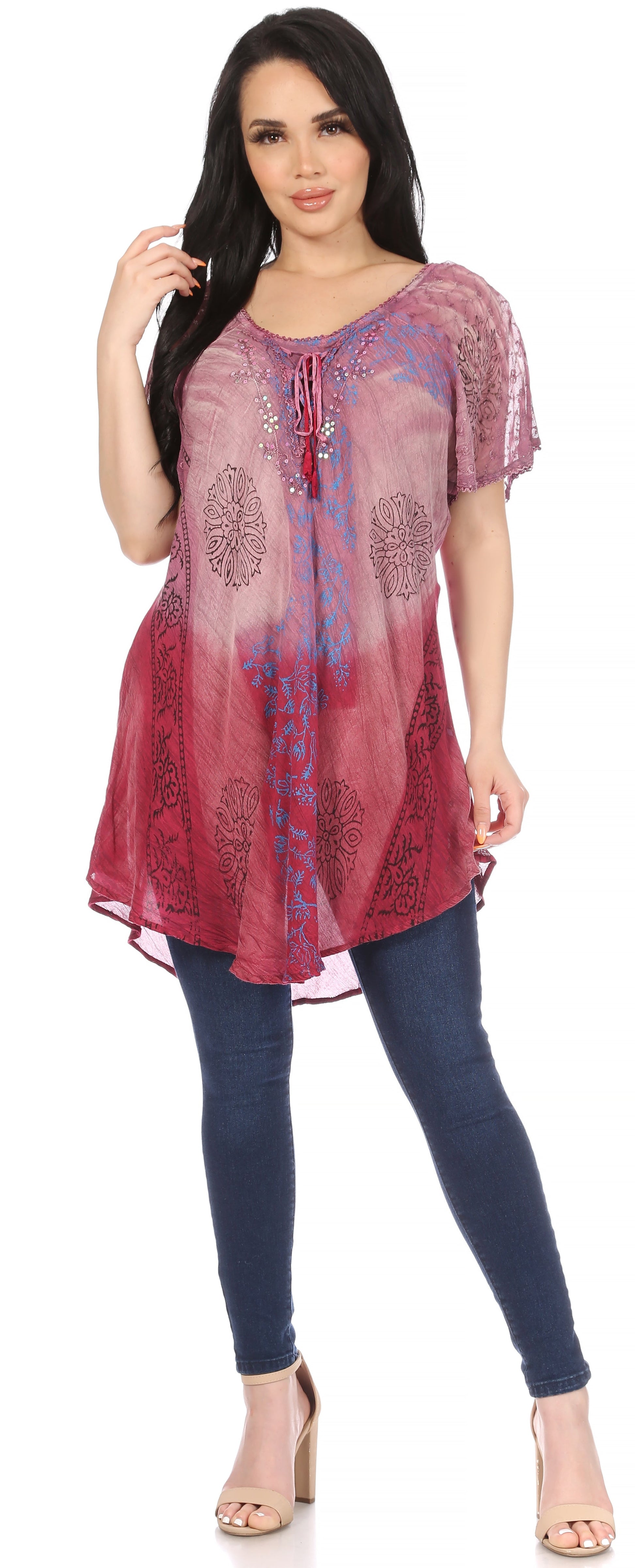 Sakkas Marzia Women's Loose Fit Short Sleeve Casual Tie Dye Batik Blouse Top Tunic - Concordia Style Boutique