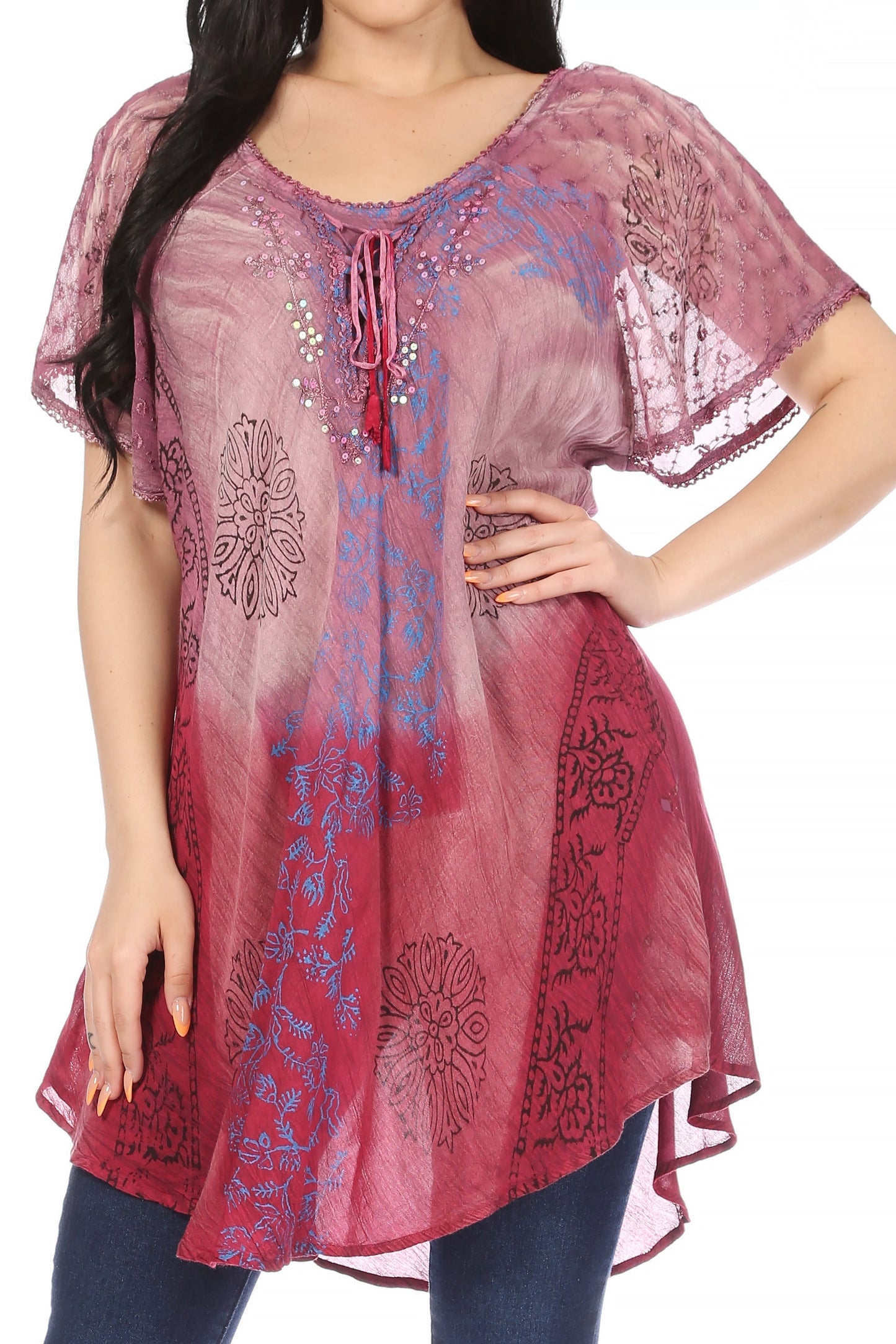 Sakkas Marzia Women's Loose Fit Short Sleeve Casual Tie Dye Batik Blouse Top Tunic - Concordia Style Boutique